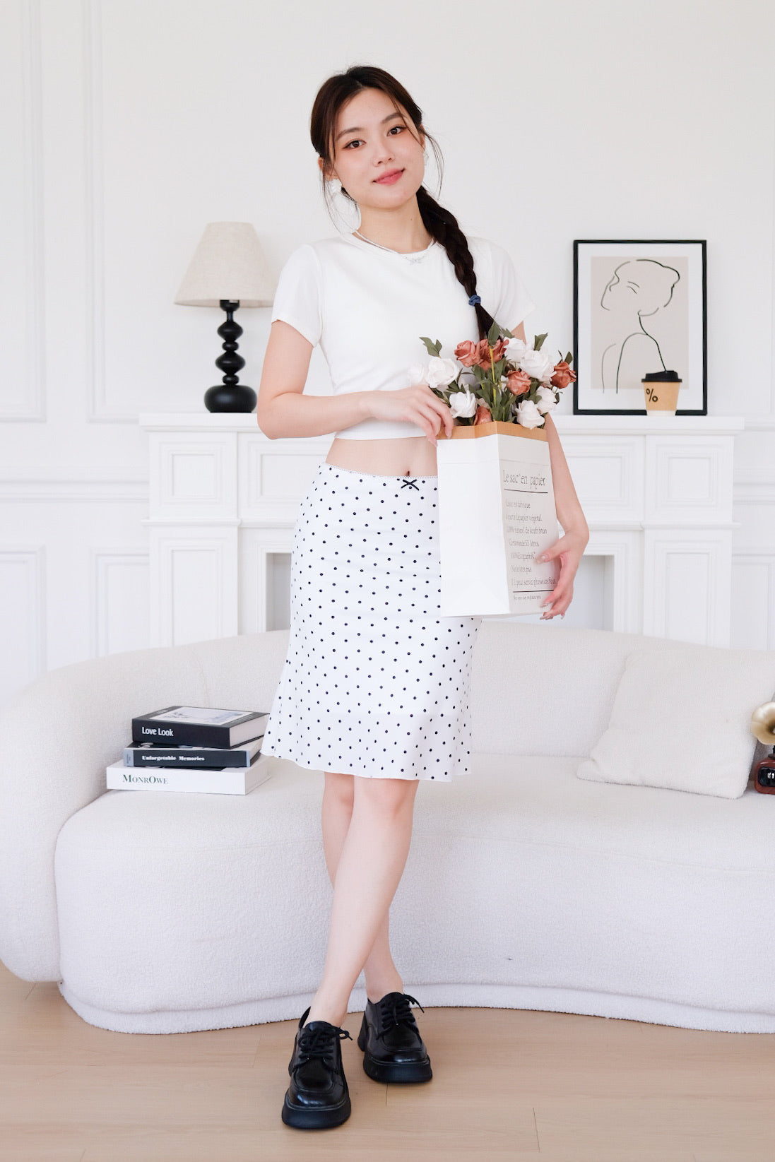 Clarise Mini Bow Knee Length Flare Skirt (Polka White)