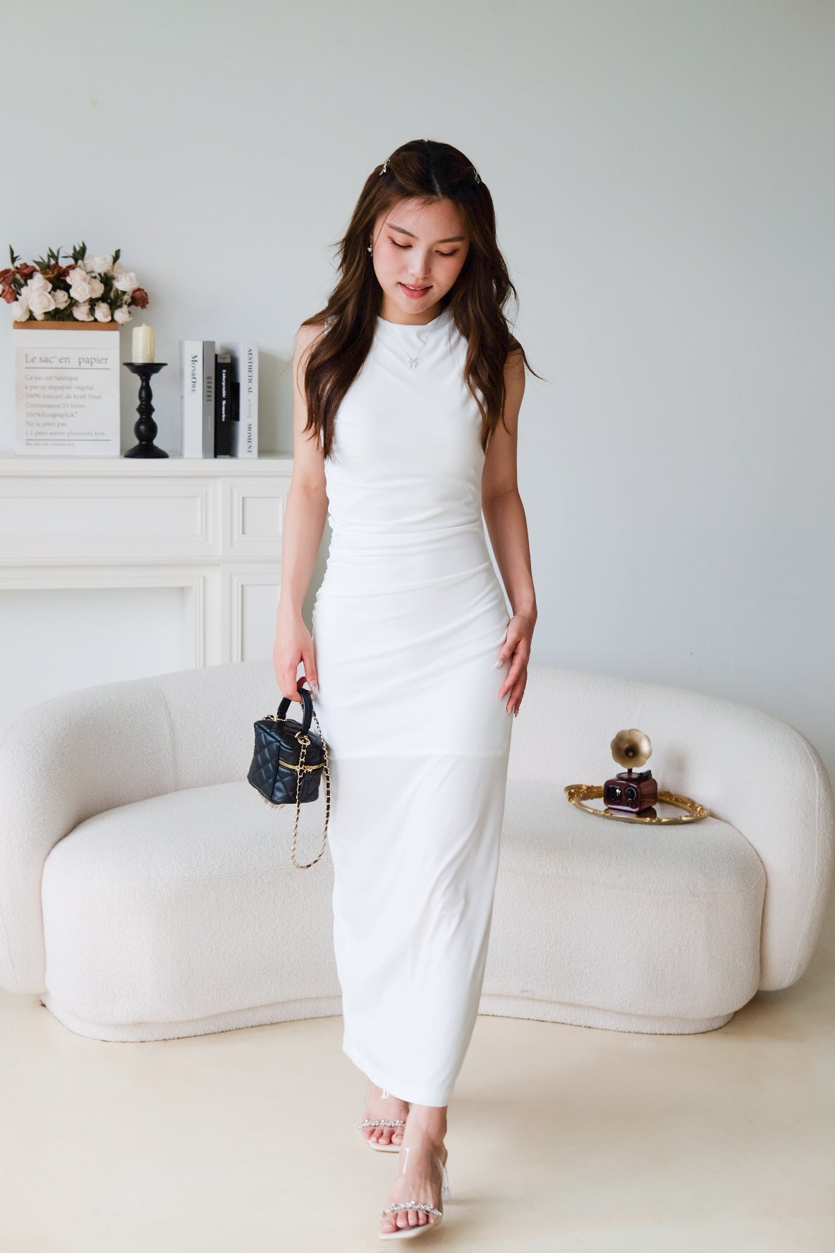 Paisley Ruched Jewel Bodycon Dress (White)