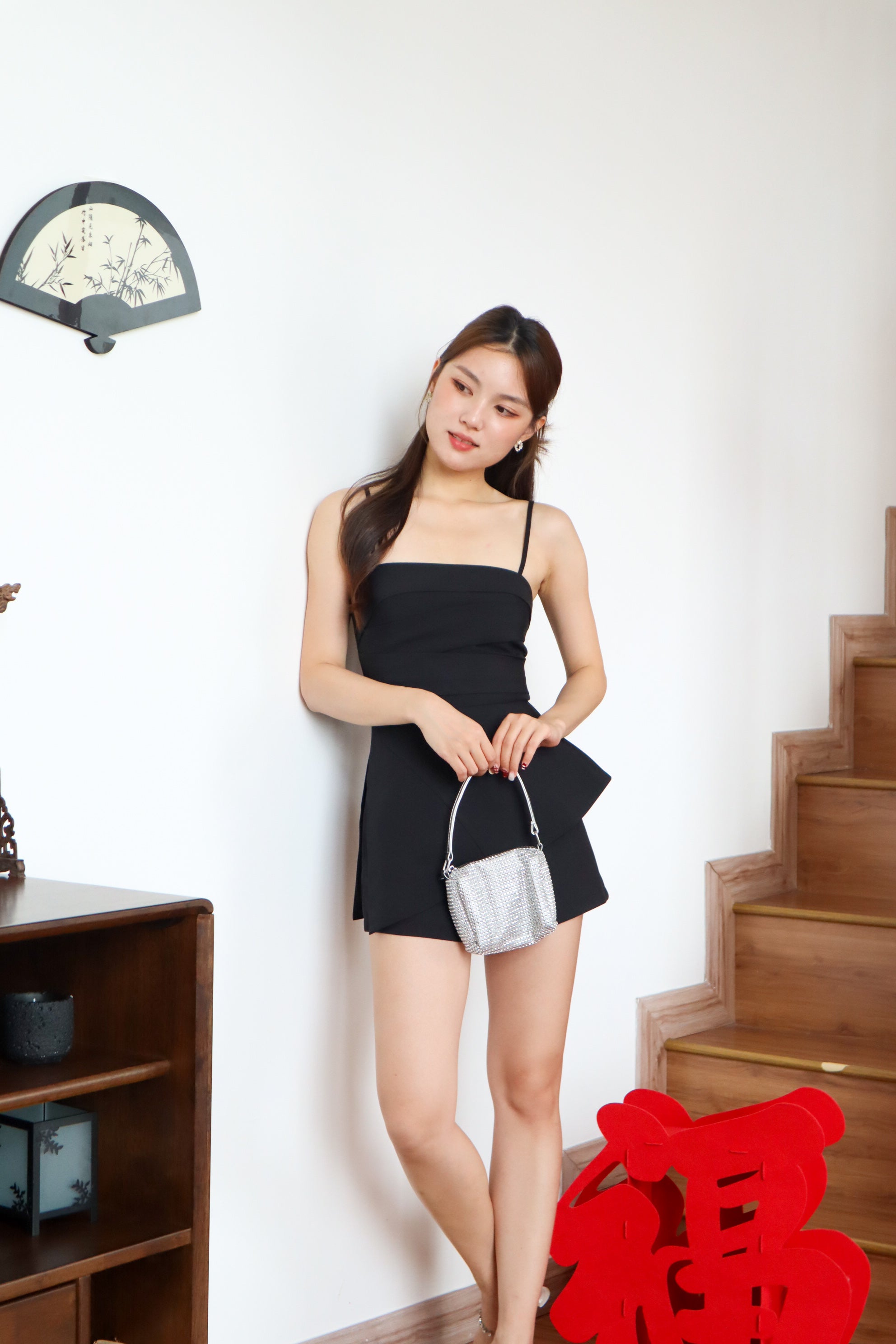 Cleo Folded Padded Asymmetrical Romper (Black)