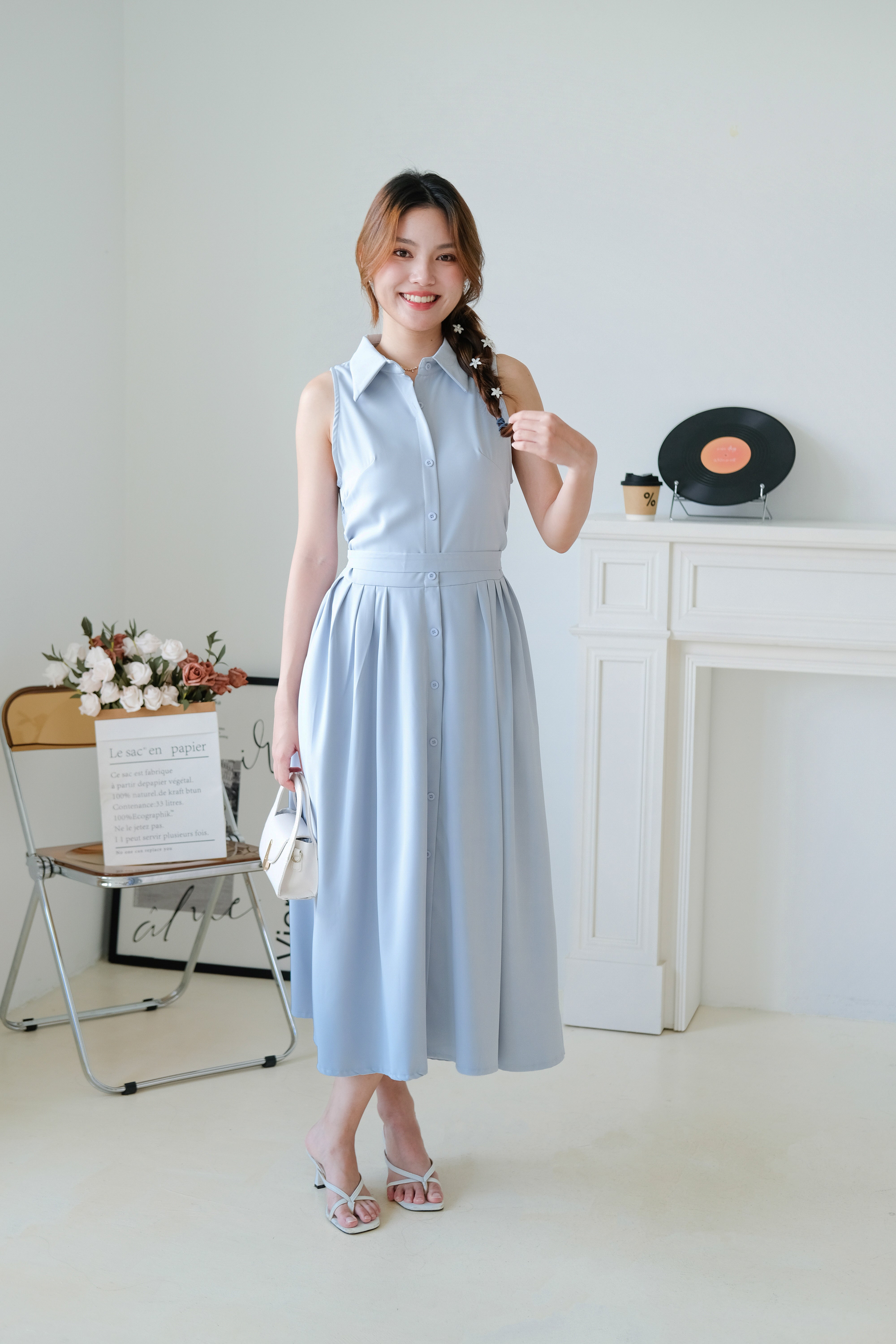 Camille Cinched Waist Collared Maxi Dress (Dusty Blue)