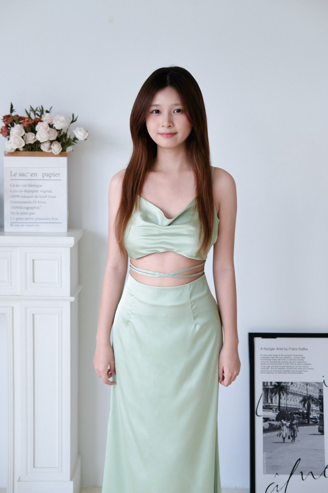 Sage Green Satin Cowl Neck Cutout Midi Dress