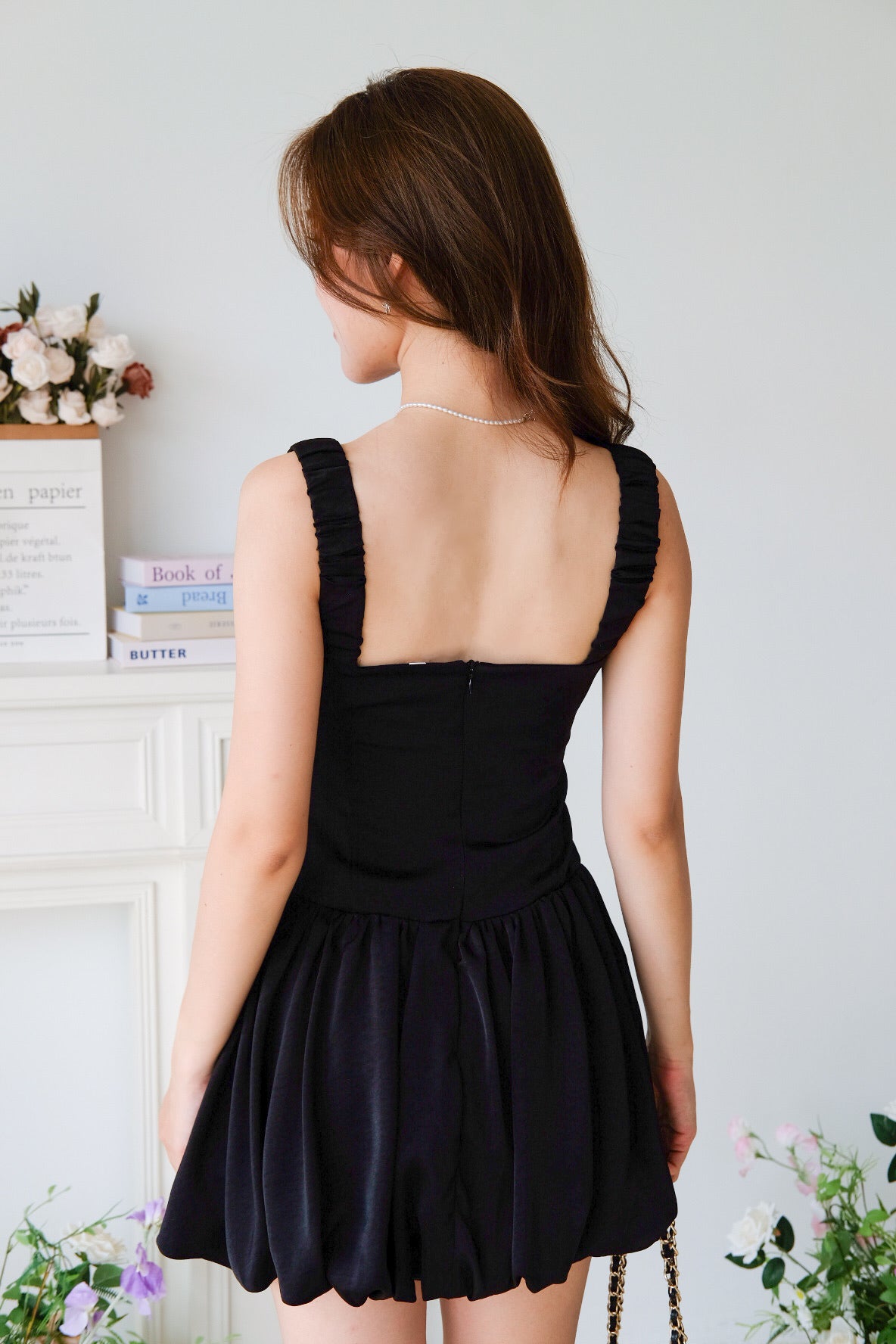 Alesha Ruched Bubble Skater Dress (Black)
