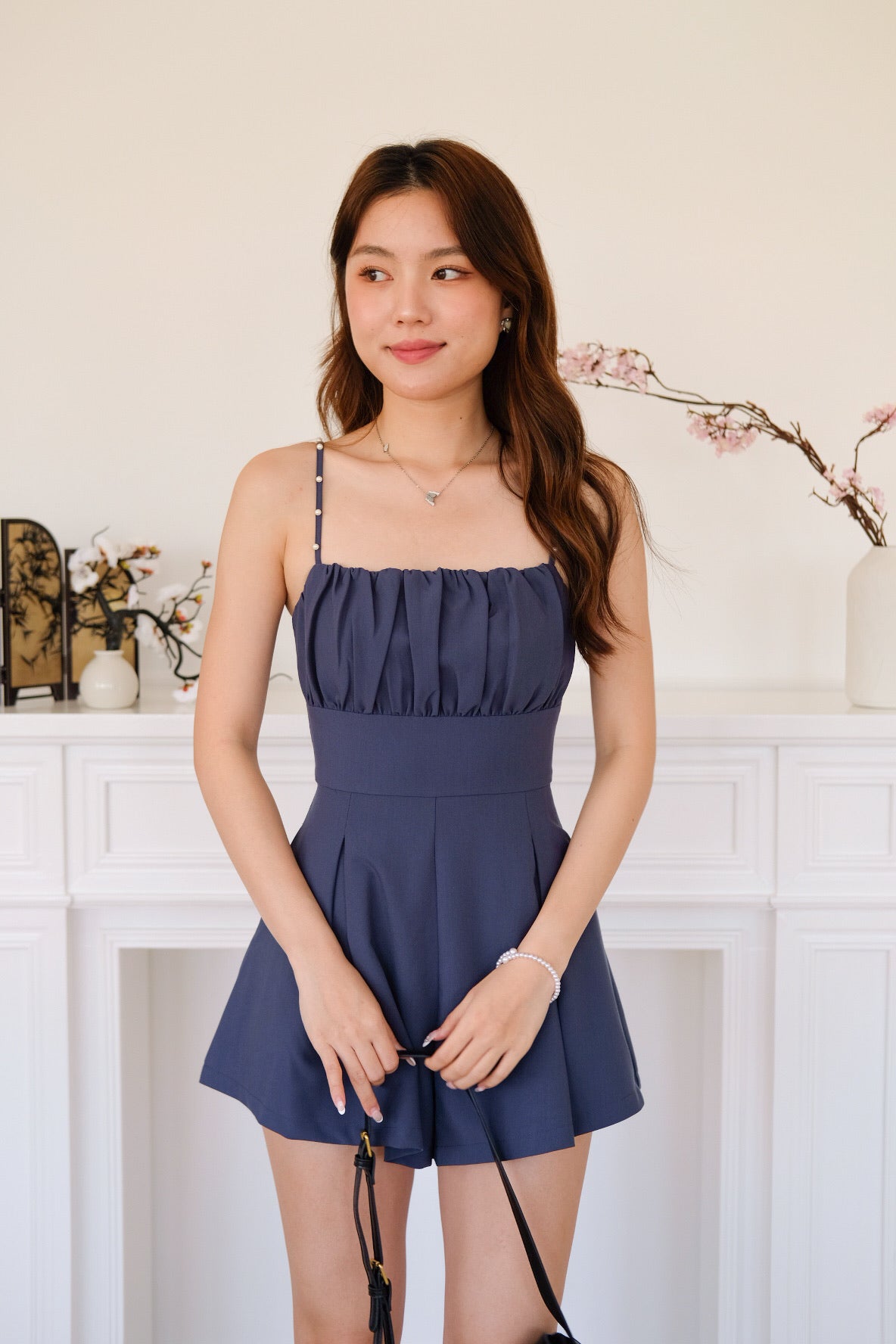 Ivonne Ruched Flare Padded Romper (Pigeon Blue)