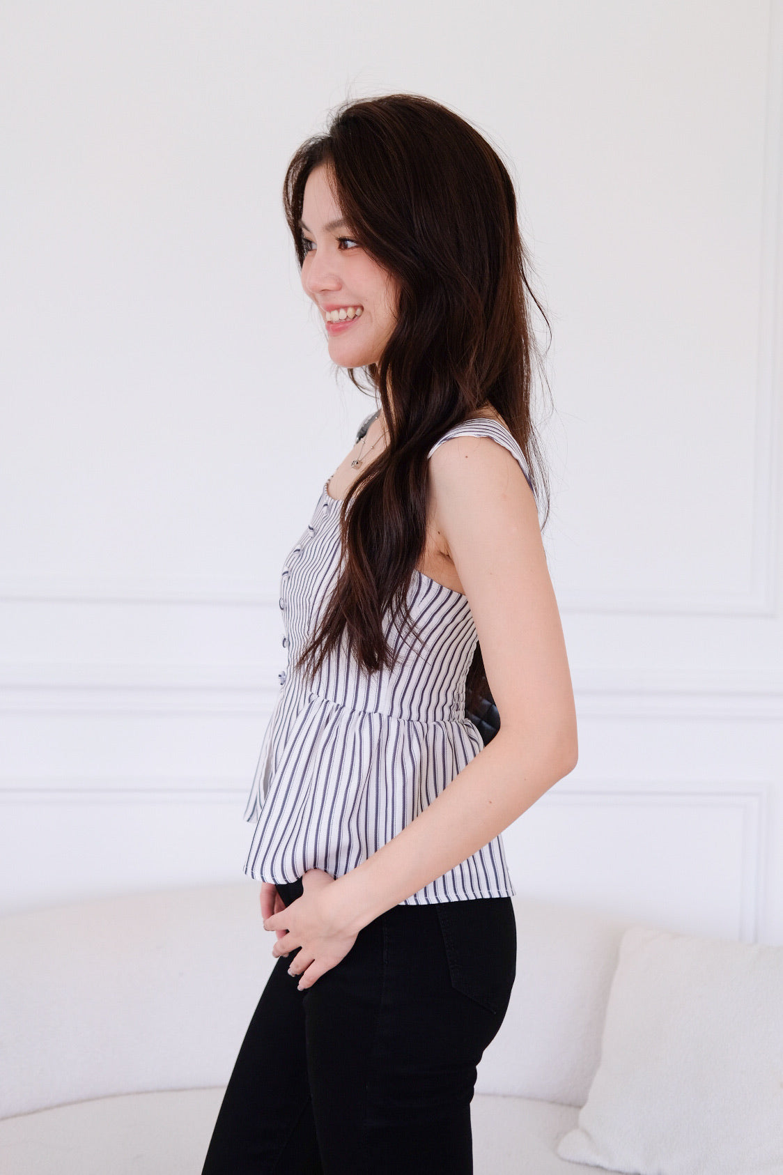 Naylie Peplum Front Slit Top (Blue Stripes)
