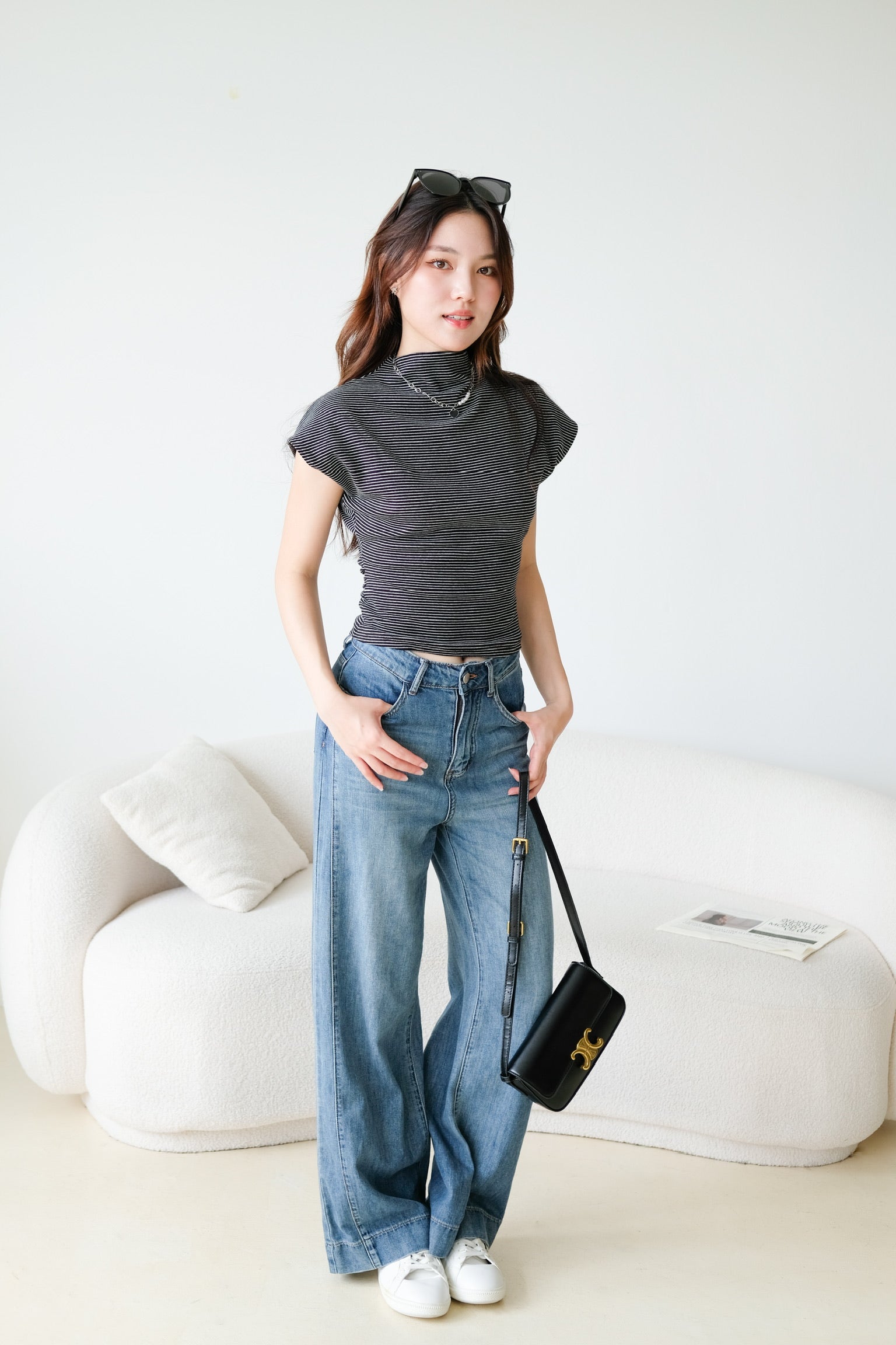 Lucca Batwing High Neck Shirt (Black Stripes)