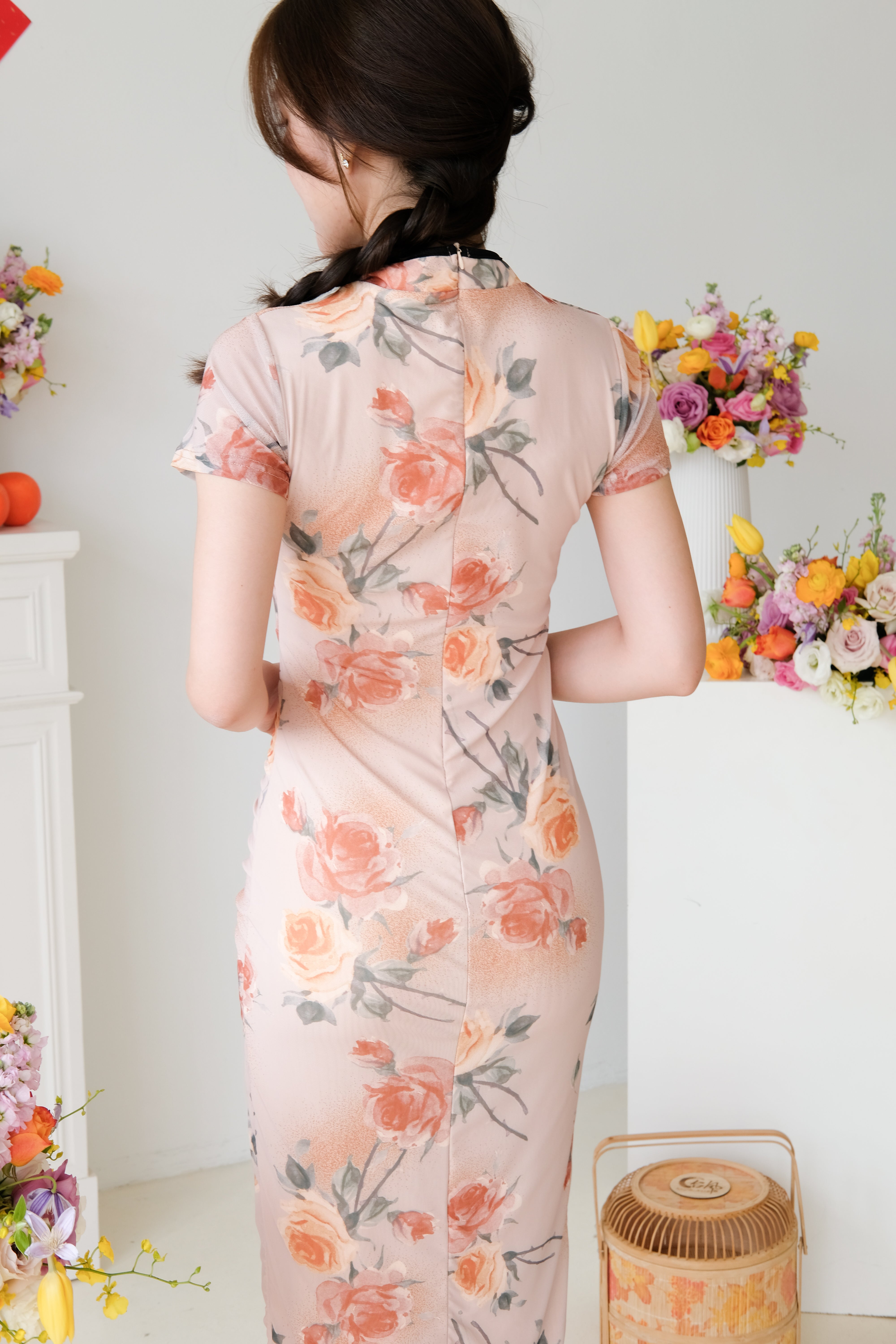 Yuan Mesh Slit Midi Cheongsam (Cappucino)