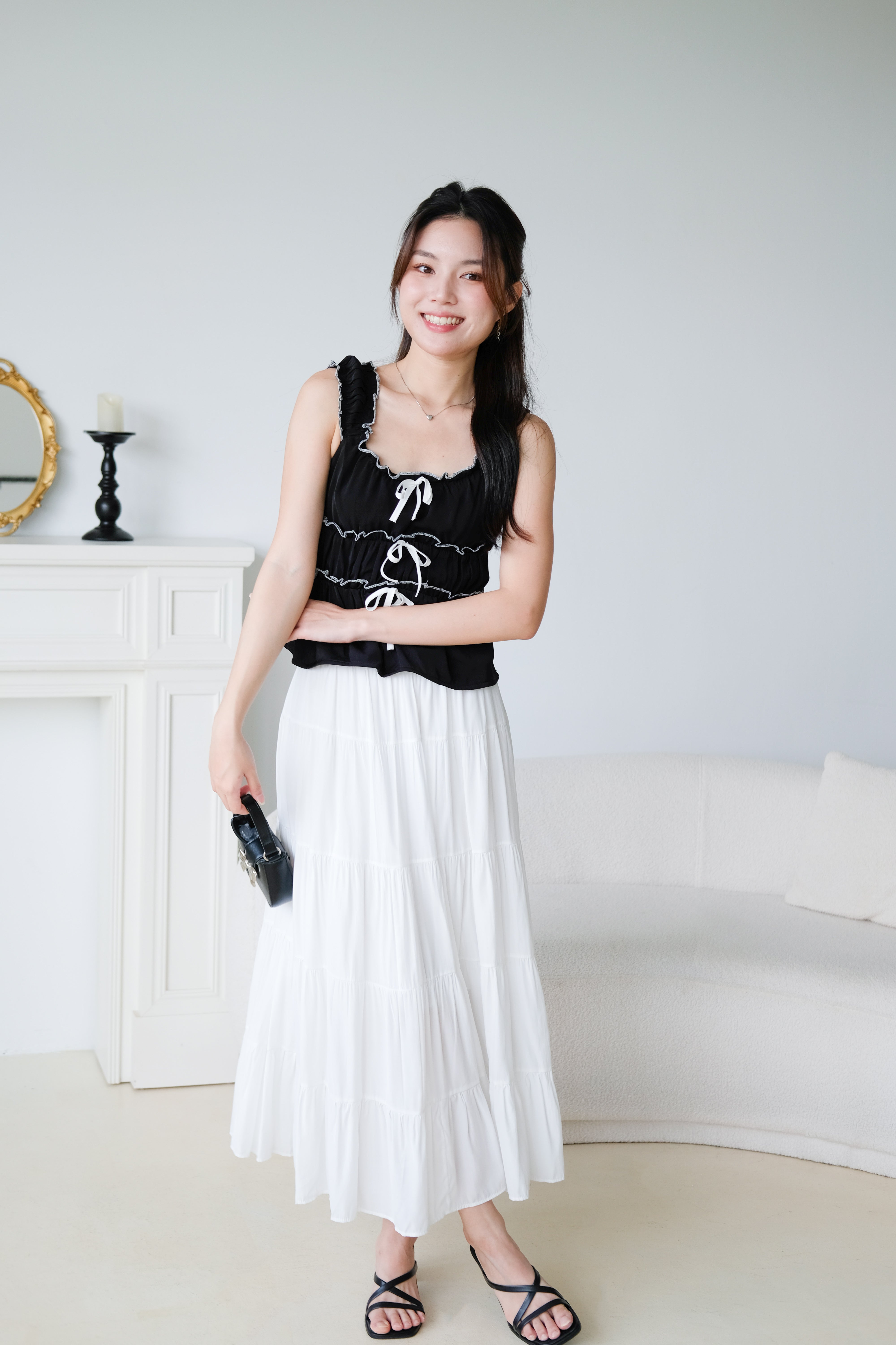 Elowen Coquette Contrast Babydoll Top (Black)