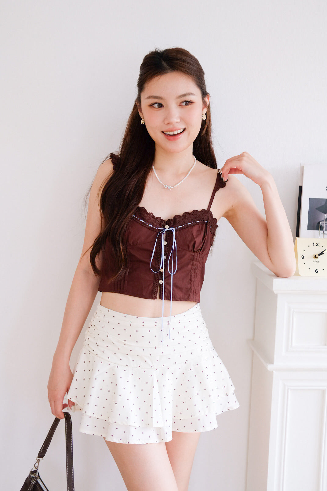 Belle Eyelet Coquette Crop Top (Brown)