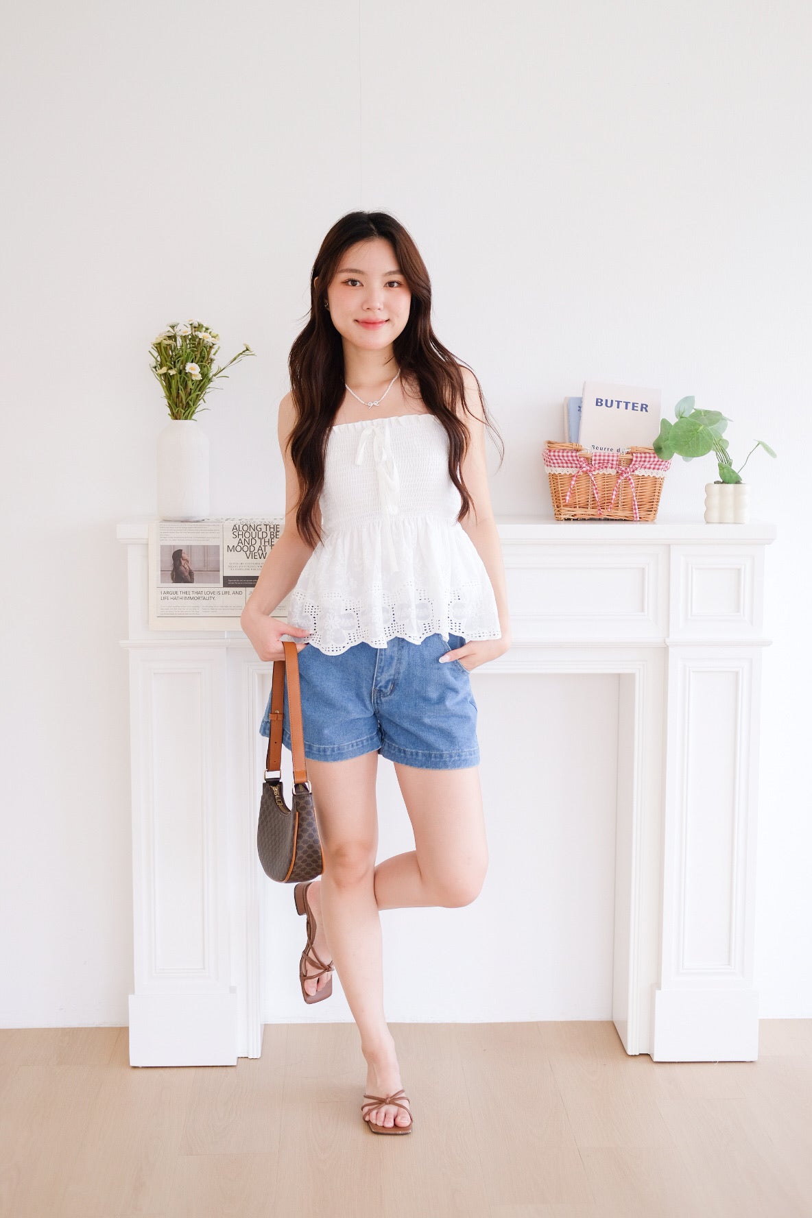 Selina Smocked Ribbon Eyelet Top (White)