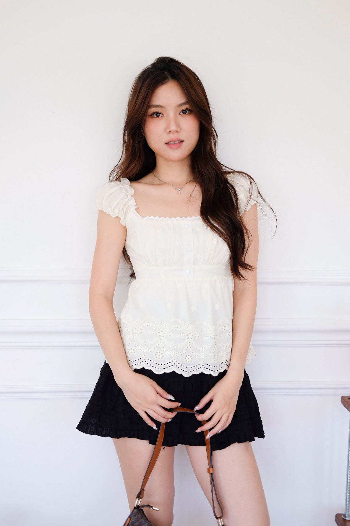 Kylin Eyelet Ruched Peplum Top (Cream)