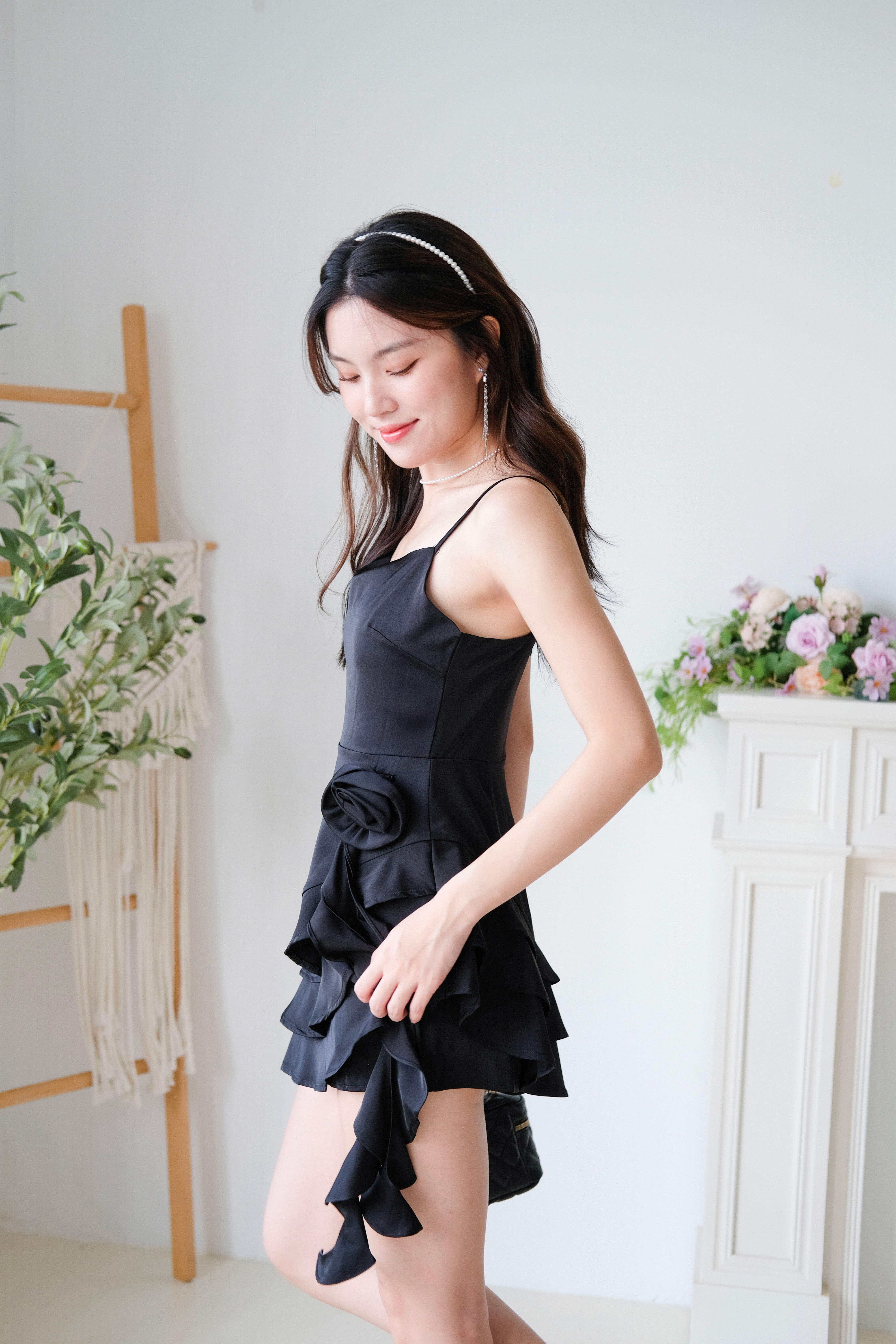 Dewy Satin Ruffle Dress (Black)