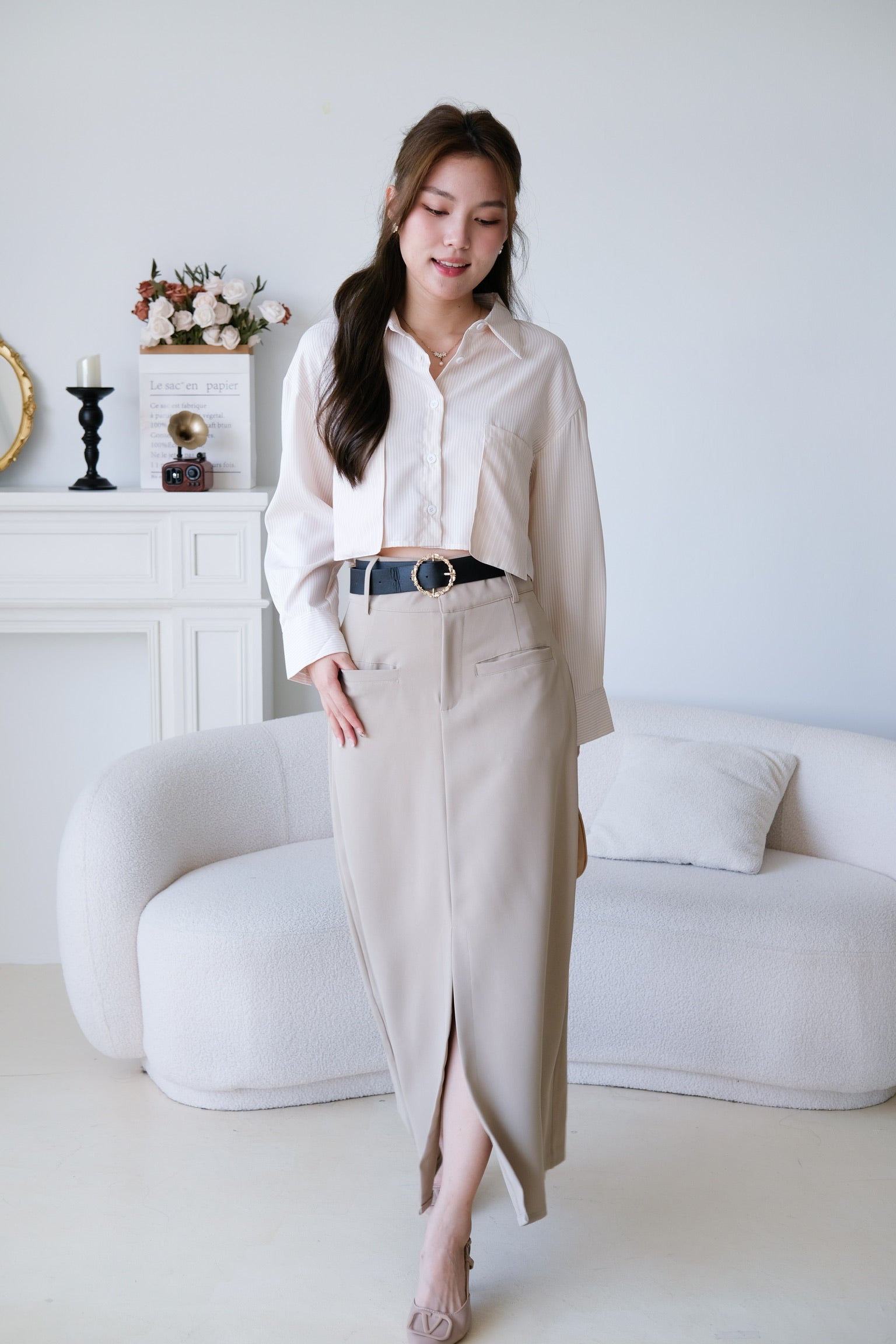 Josie Front Slit Maxi Straight Skirt (Khaki)