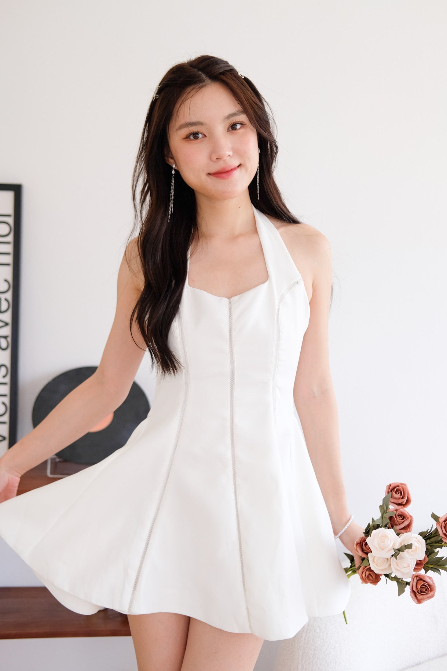 Violette Self Tie Halter Skater Dress (White)
