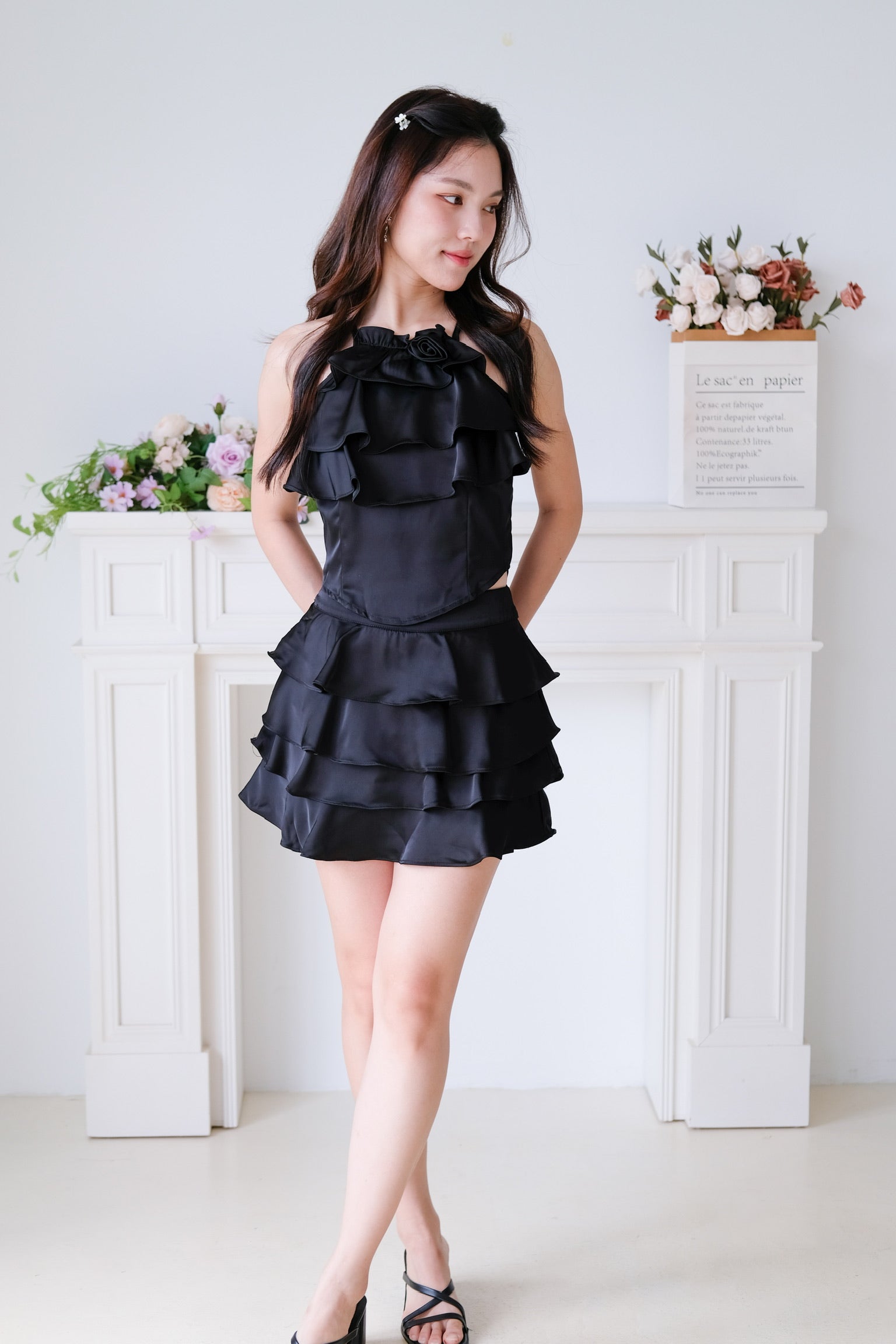 Rosalie Ruffle Tiered Halter Set (Black)