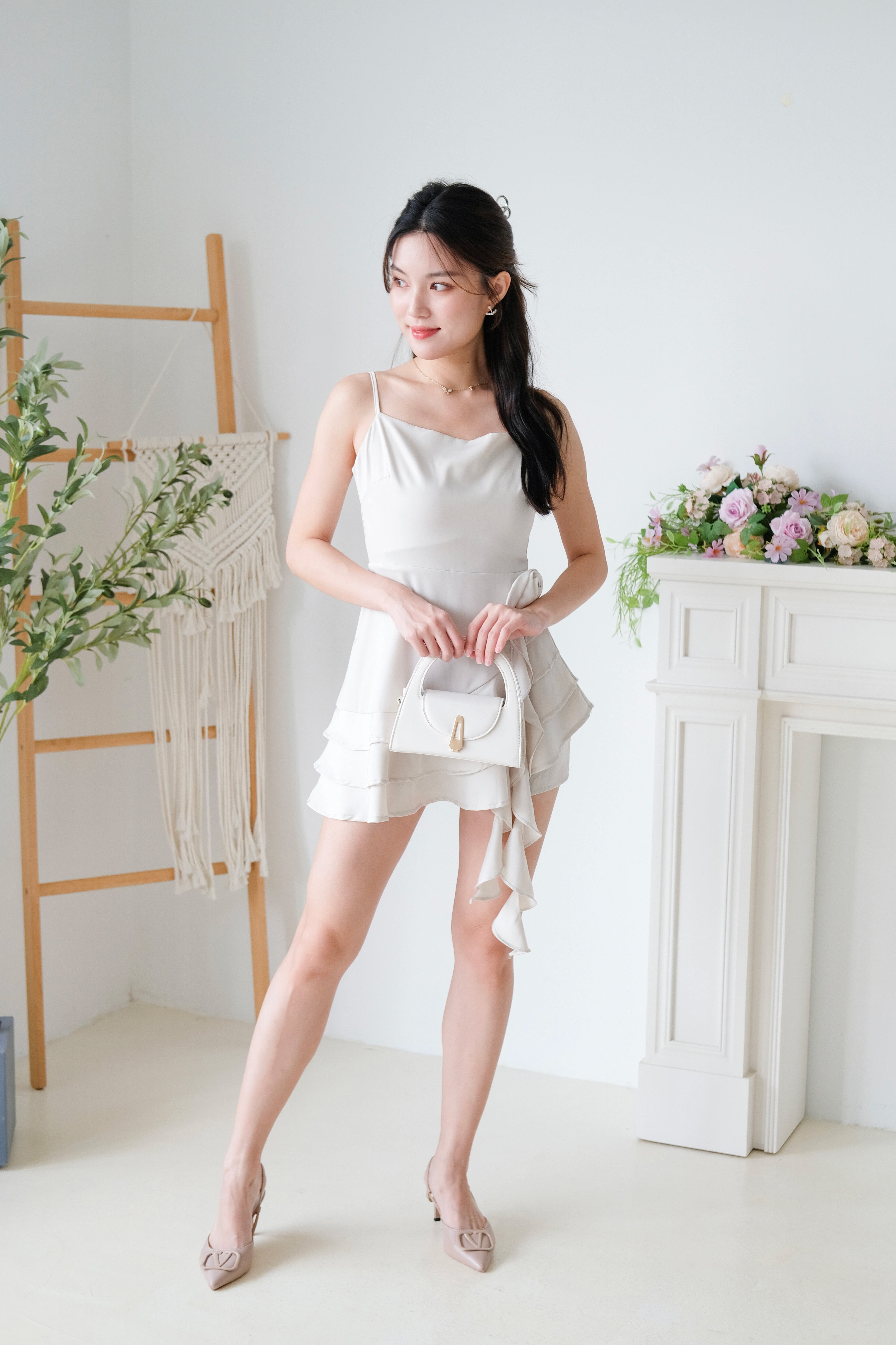 Dewy Satin Ruffle Dress (Champagne)