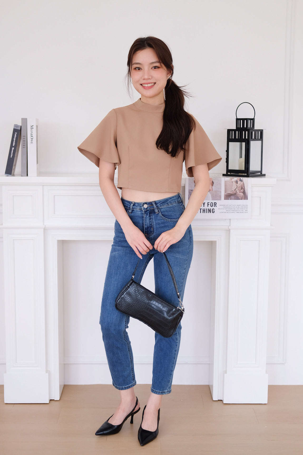 Veena Flutter Sleeves High Neck Top (Khaki)