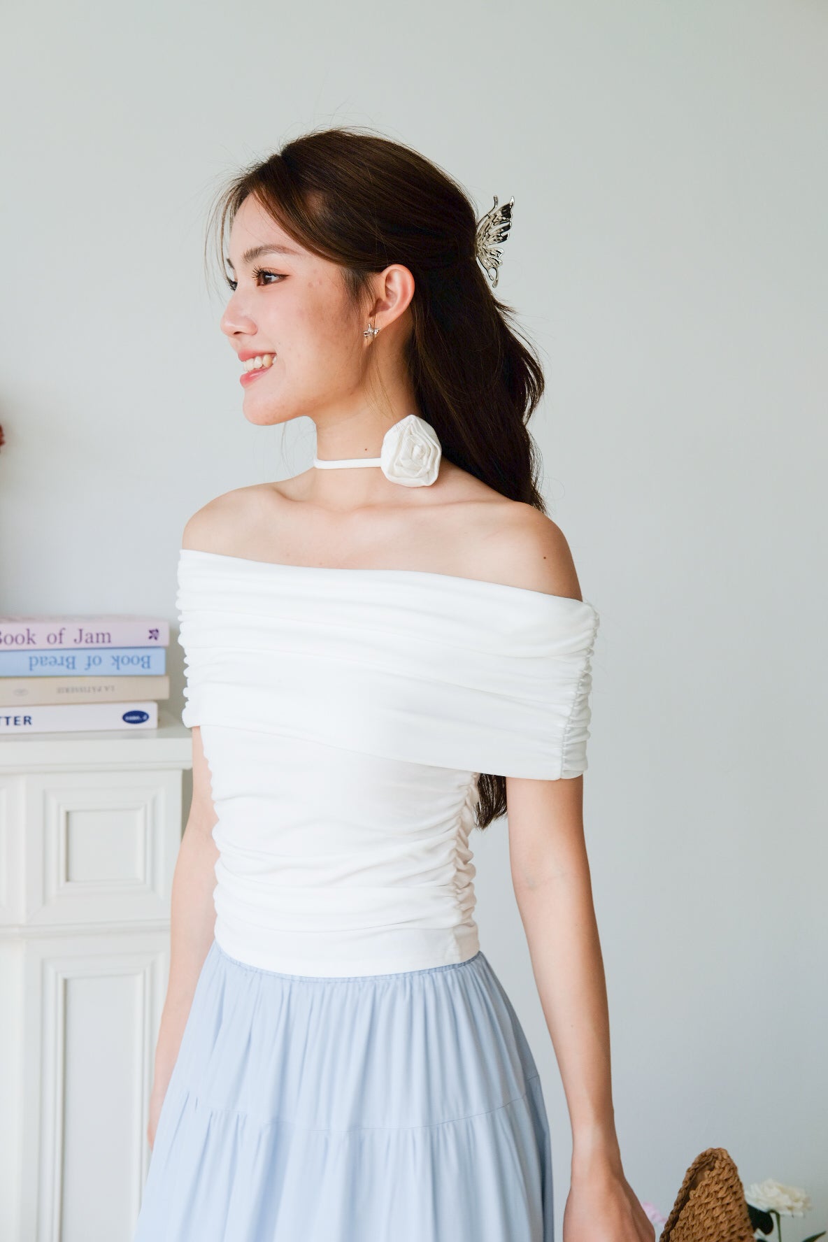 Deena Off Shoulder Stretchy Top (White)