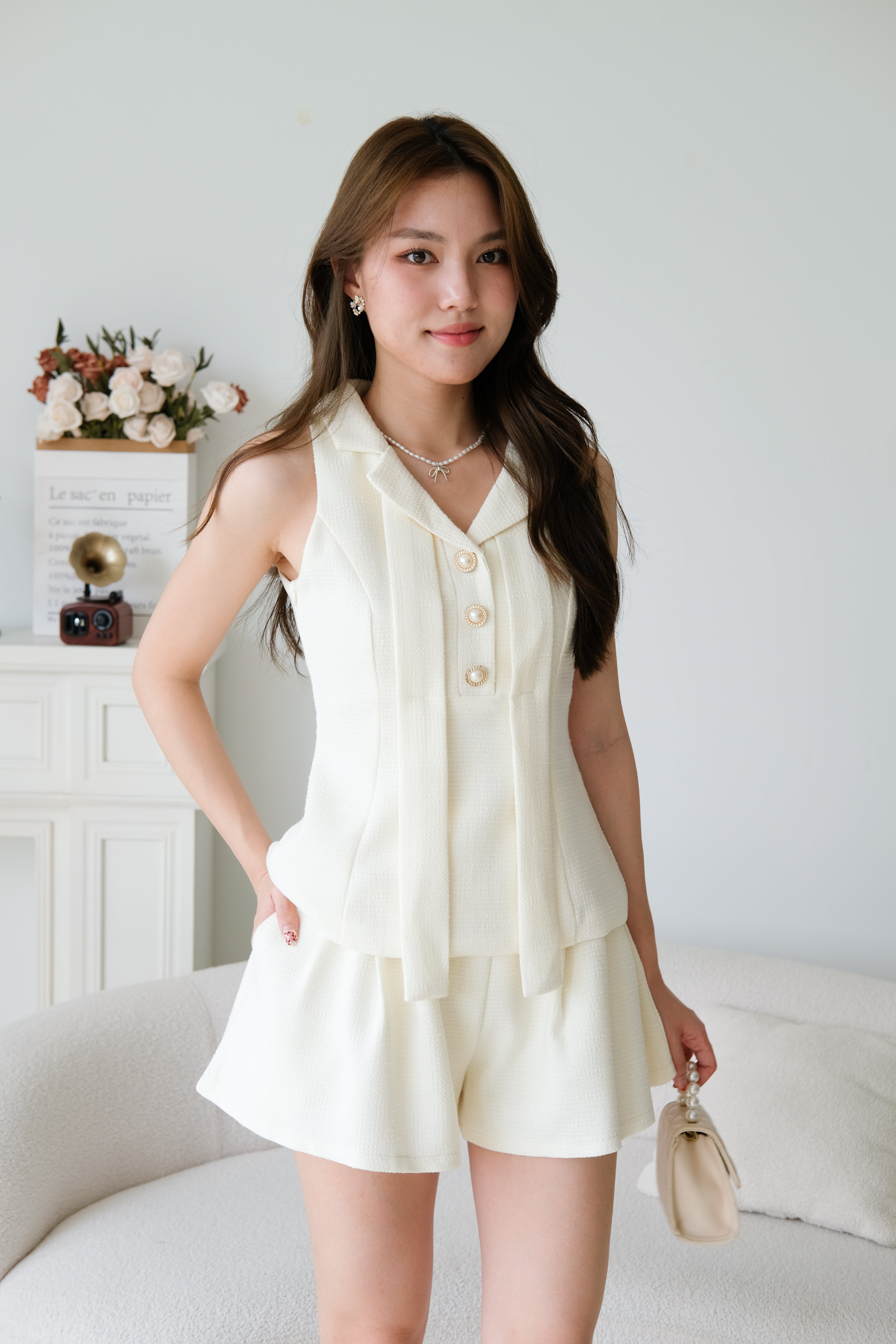 Gwen Collared Tweed Set (White)