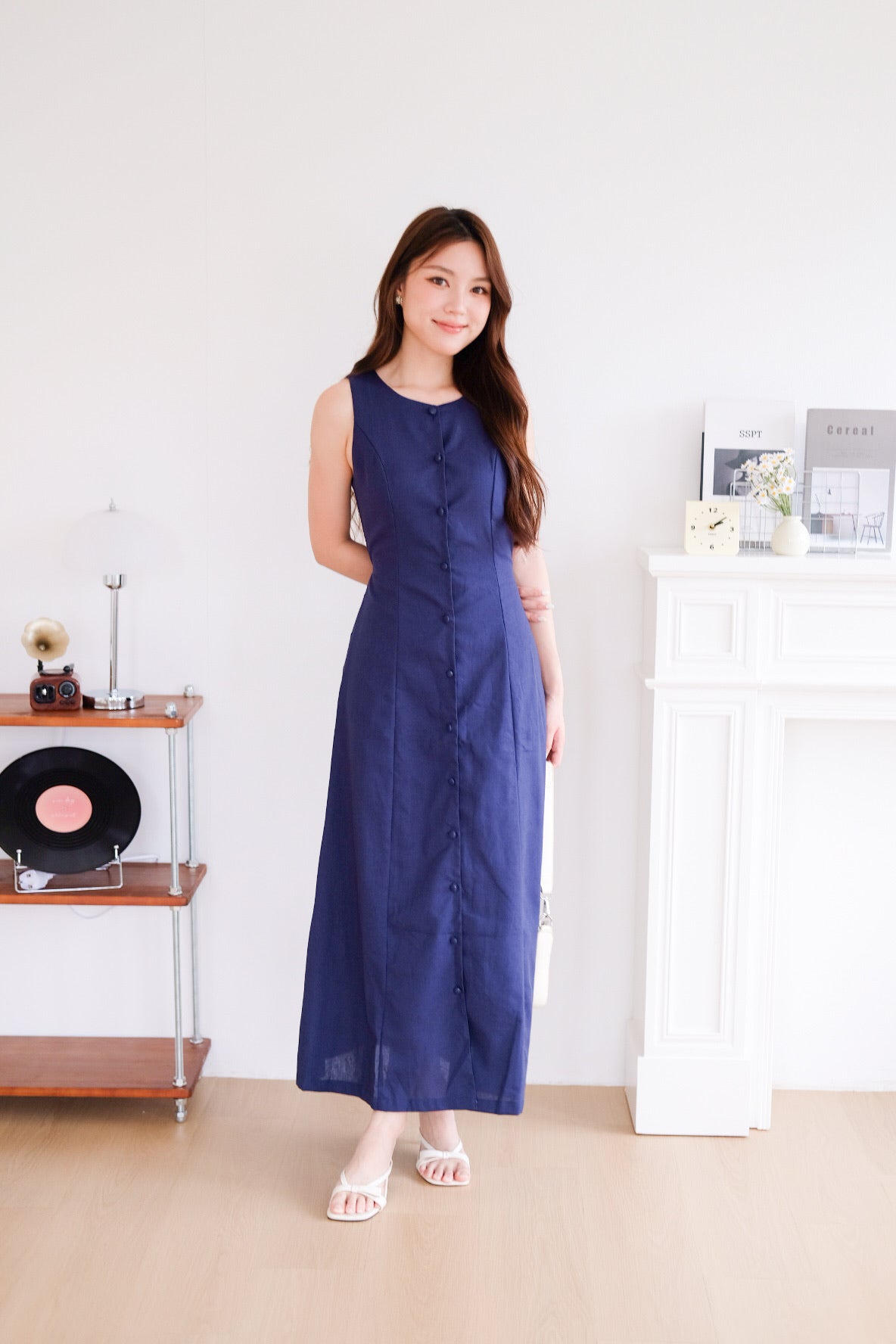 Arlette Button Linen Maxi Dress (Navy Blue)