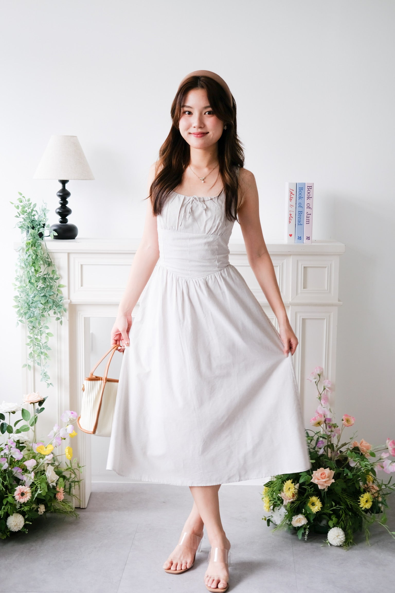 Carmie Thick Waist Midaxi Dress (Beige Stripes)