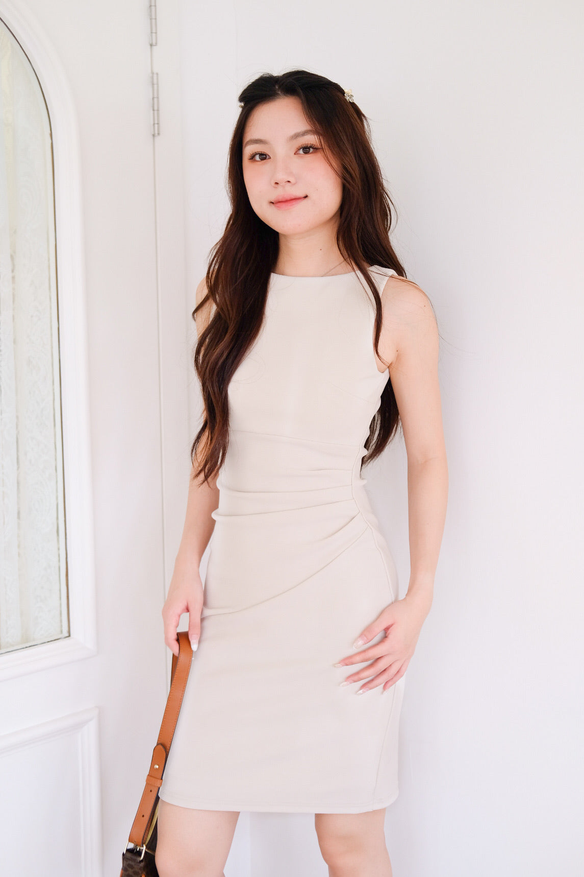 Annette Boatneck Ruched Midi Dress (Sand Beige)