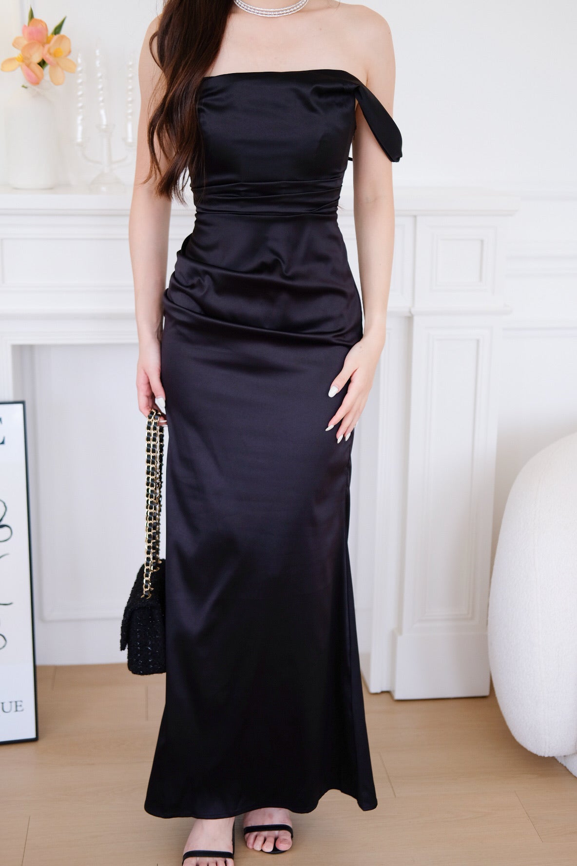 Ophelia Satin Mermaid Maxi Dress (Black)