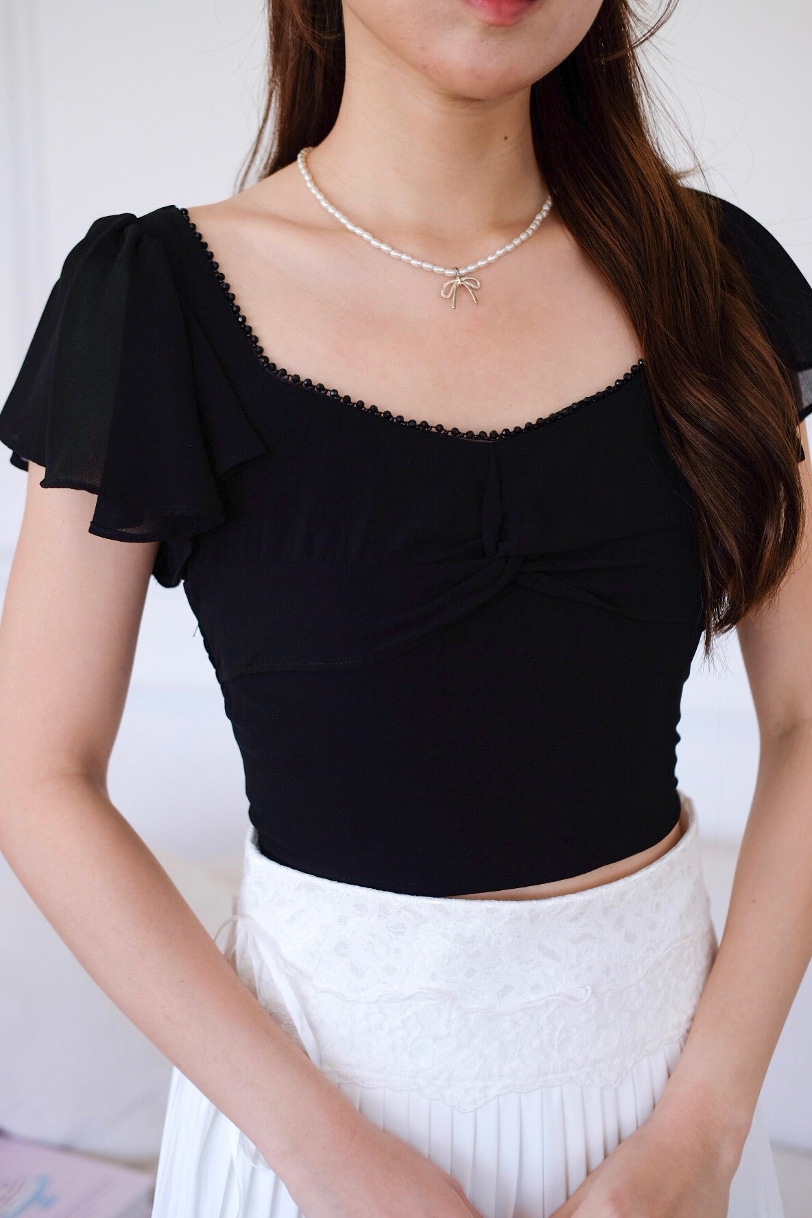 Lisette Flutter Crop Top (Black)