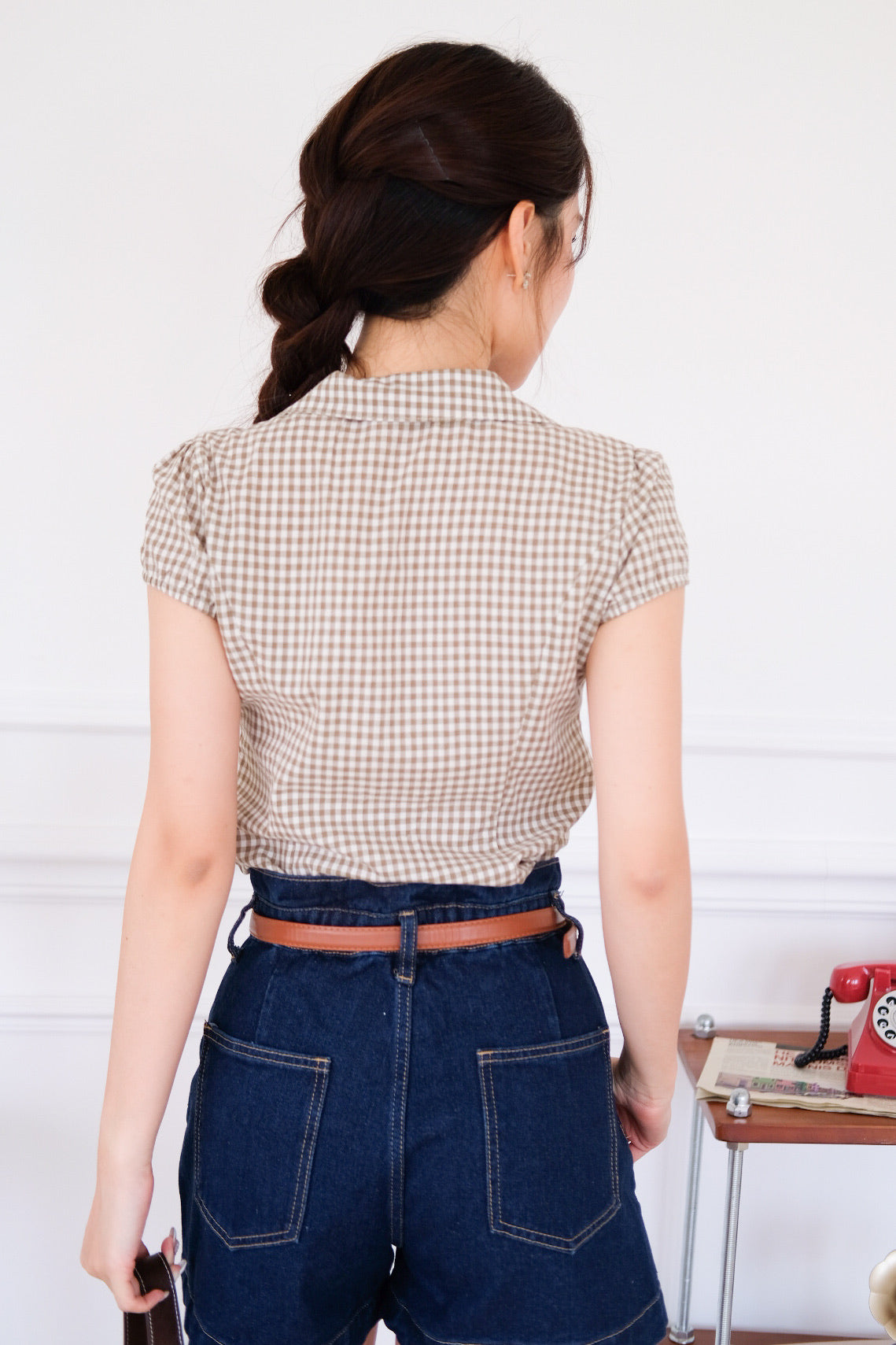 Marais Collared Ruffle Blouse Top (Gingham Olive)