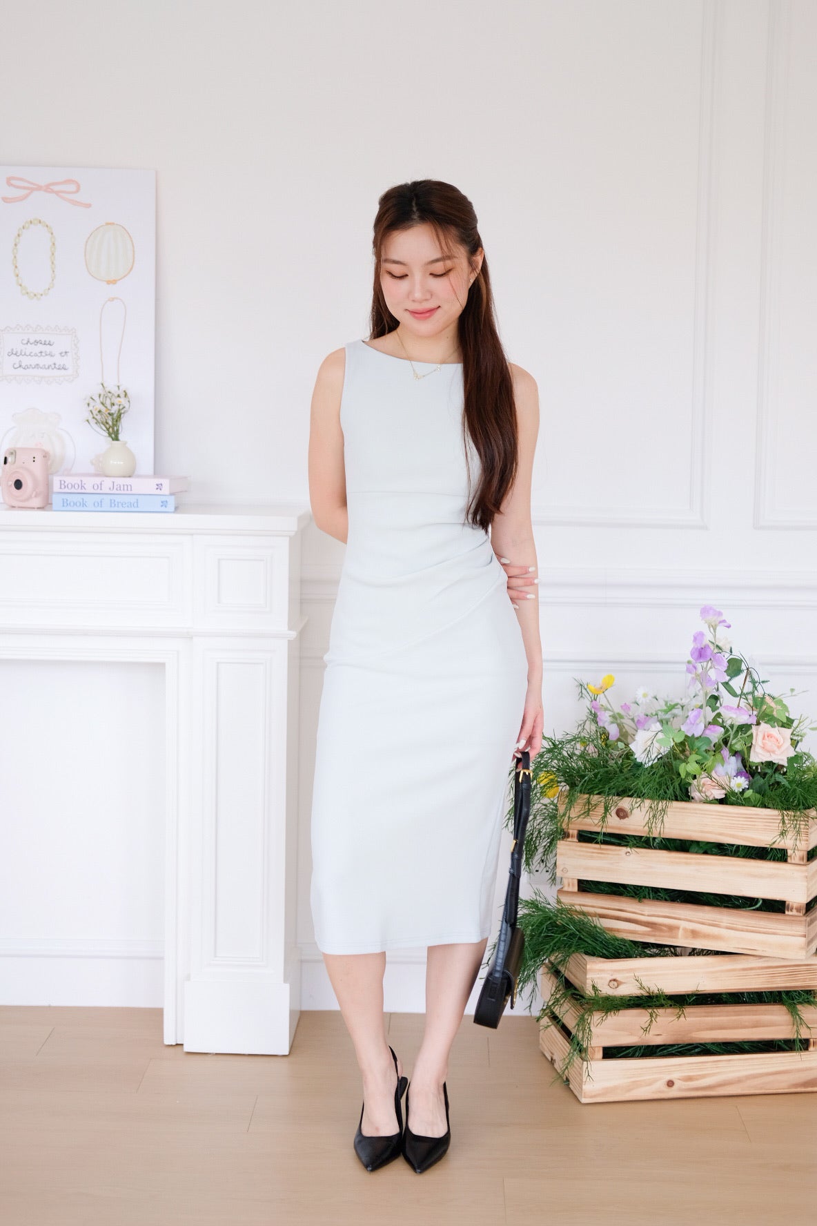 Felicia Boatneck Ruched Maxi Dress (Light Sage)