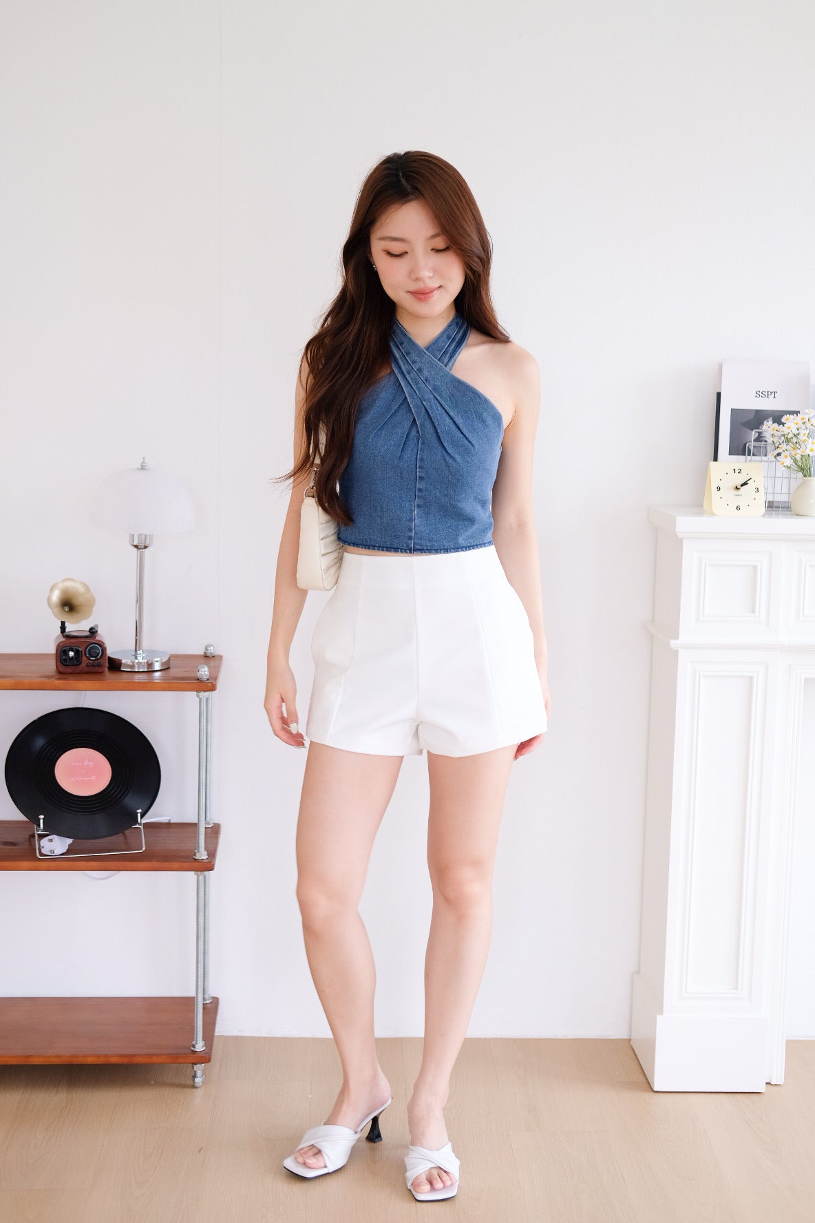 Veda Padded Halter Denim Crop Top (Dark Denim)