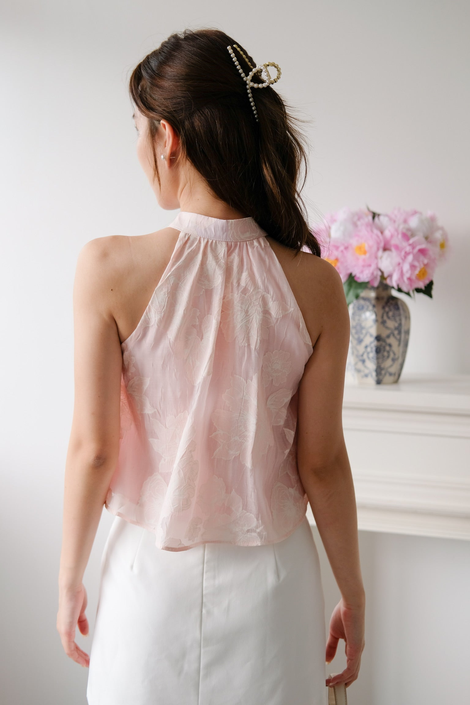 Chu Ran Floral Organza Cheongsam Top (Light Pink)