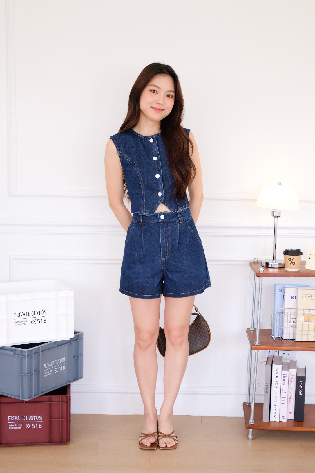Velina Denim Vest Set (Dark Blue)