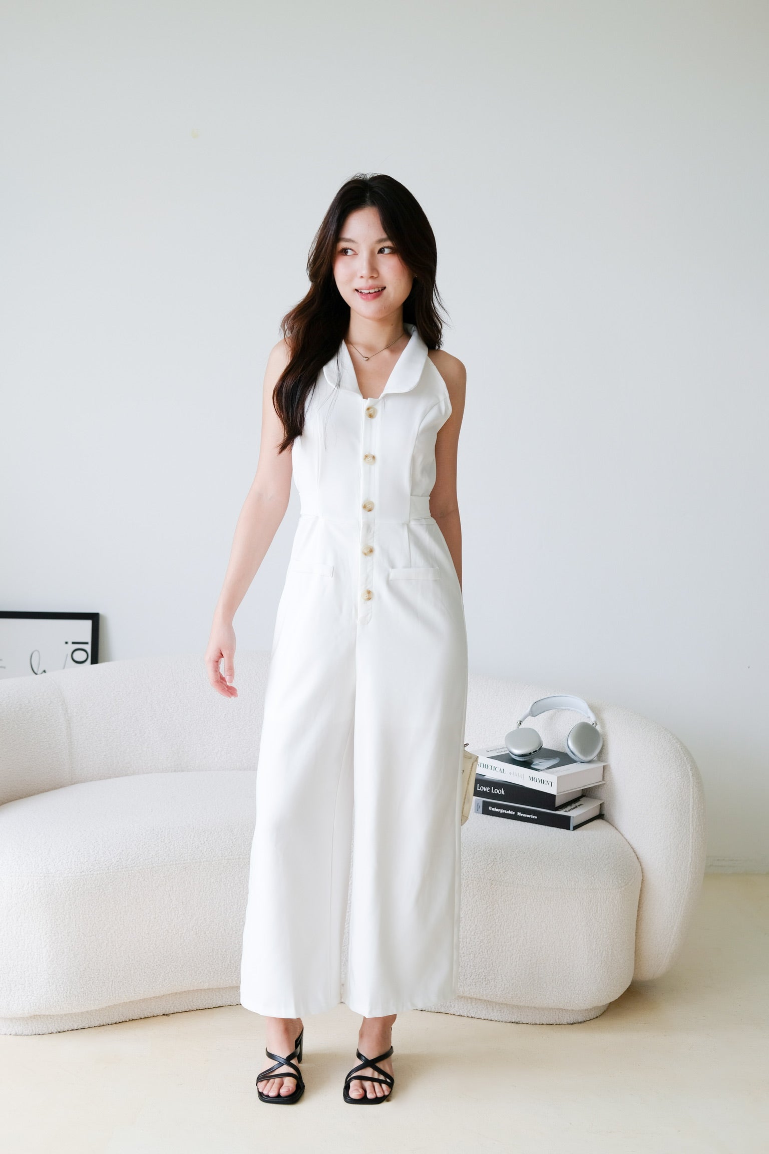 Day and Night Collared Long Jumpsuit (White)
