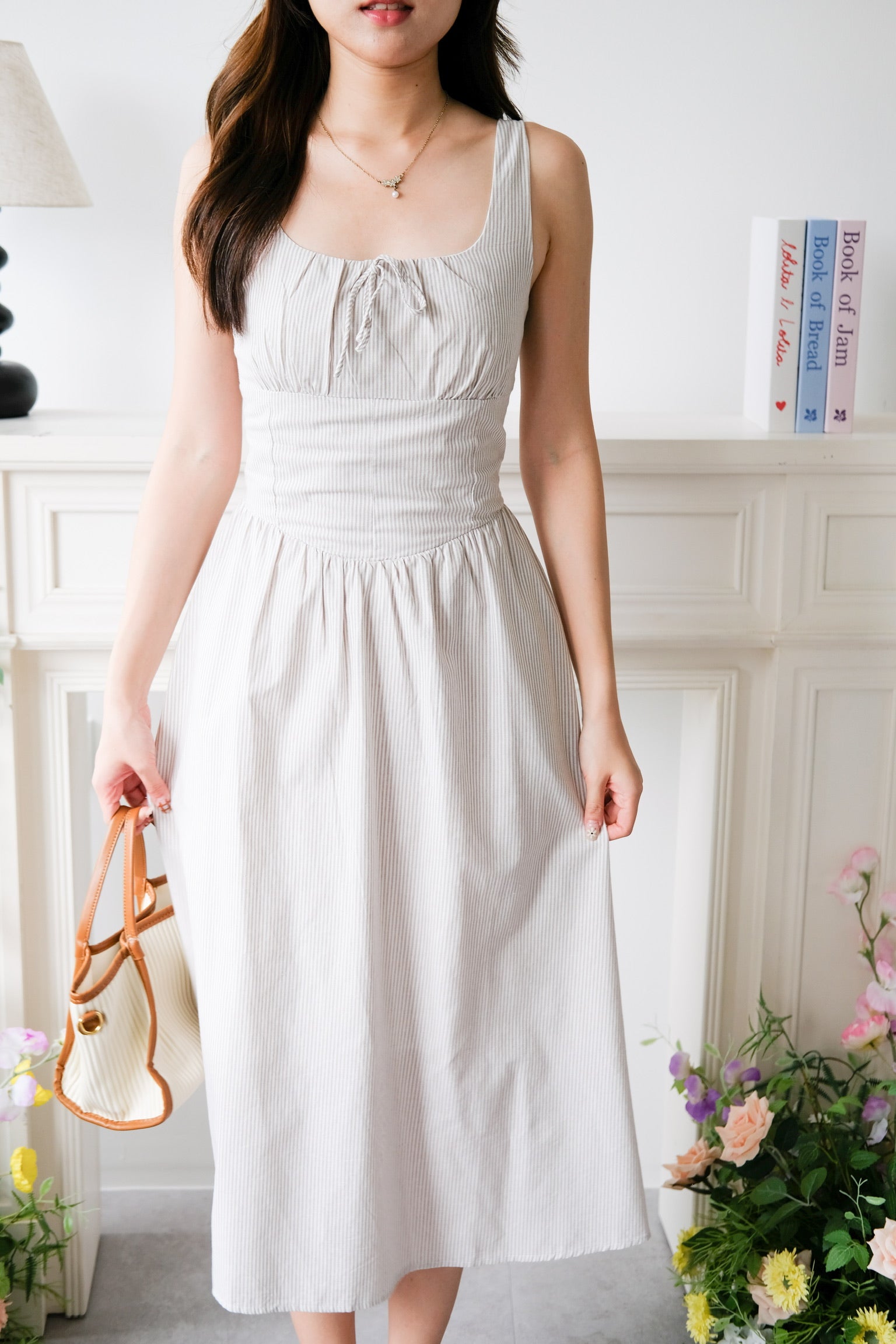 Carmie Thick Waist Midi Dress (Beige Stripes)