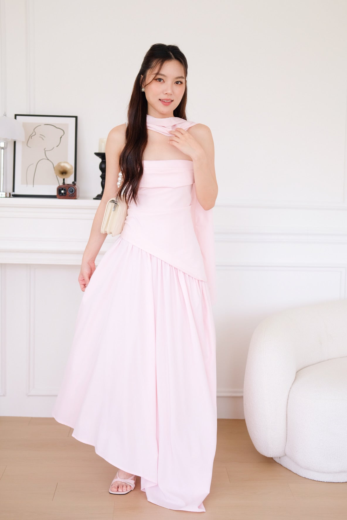 Kellie Asymmetrical Tube Maxi Dress (Baby Pink)