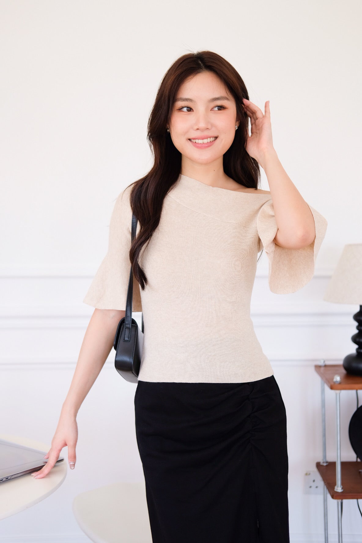 Elva Bell Sleeves Knit Top (Khaki)