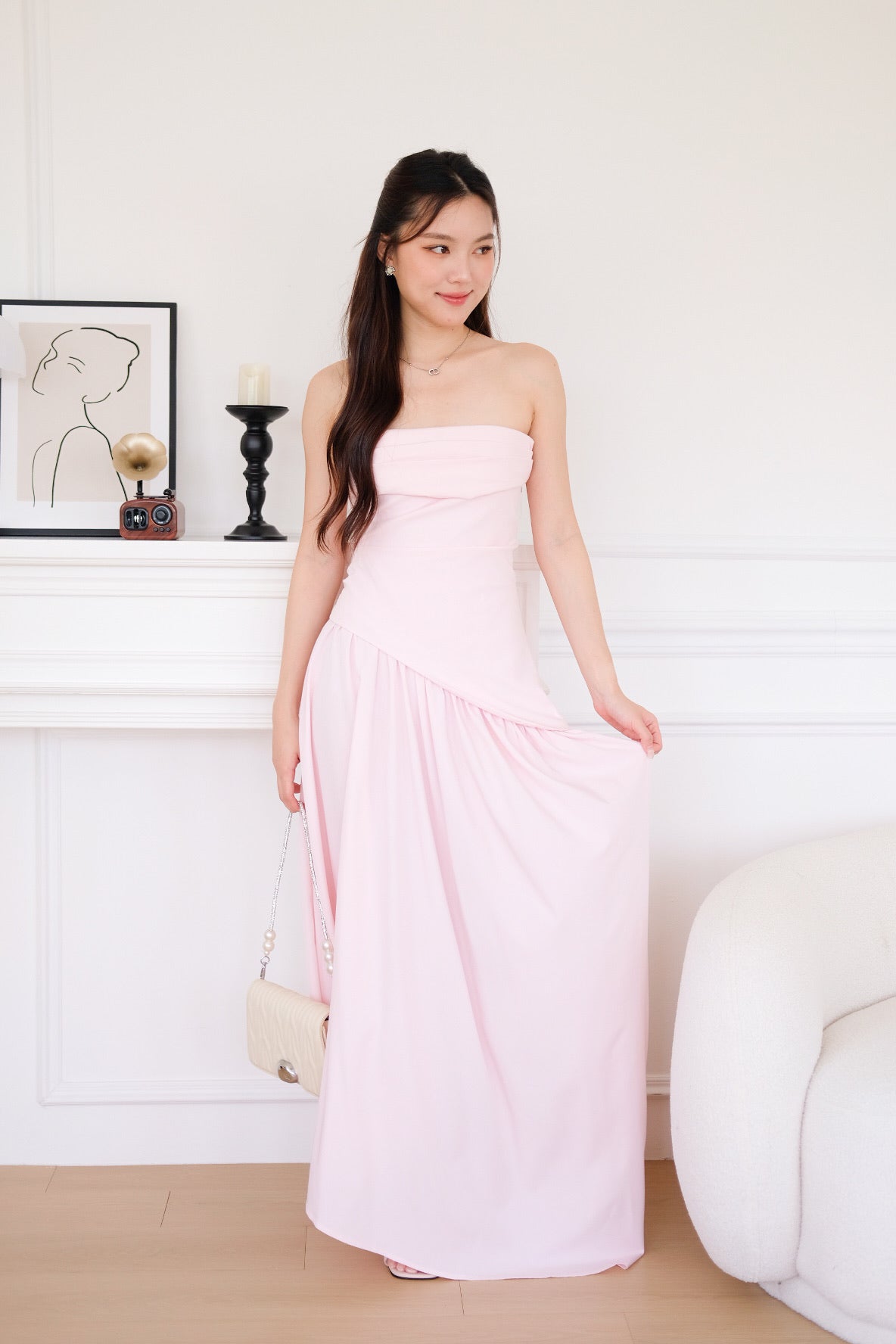 Kellie Asymmetrical Tube Maxi Dress (Baby Pink)