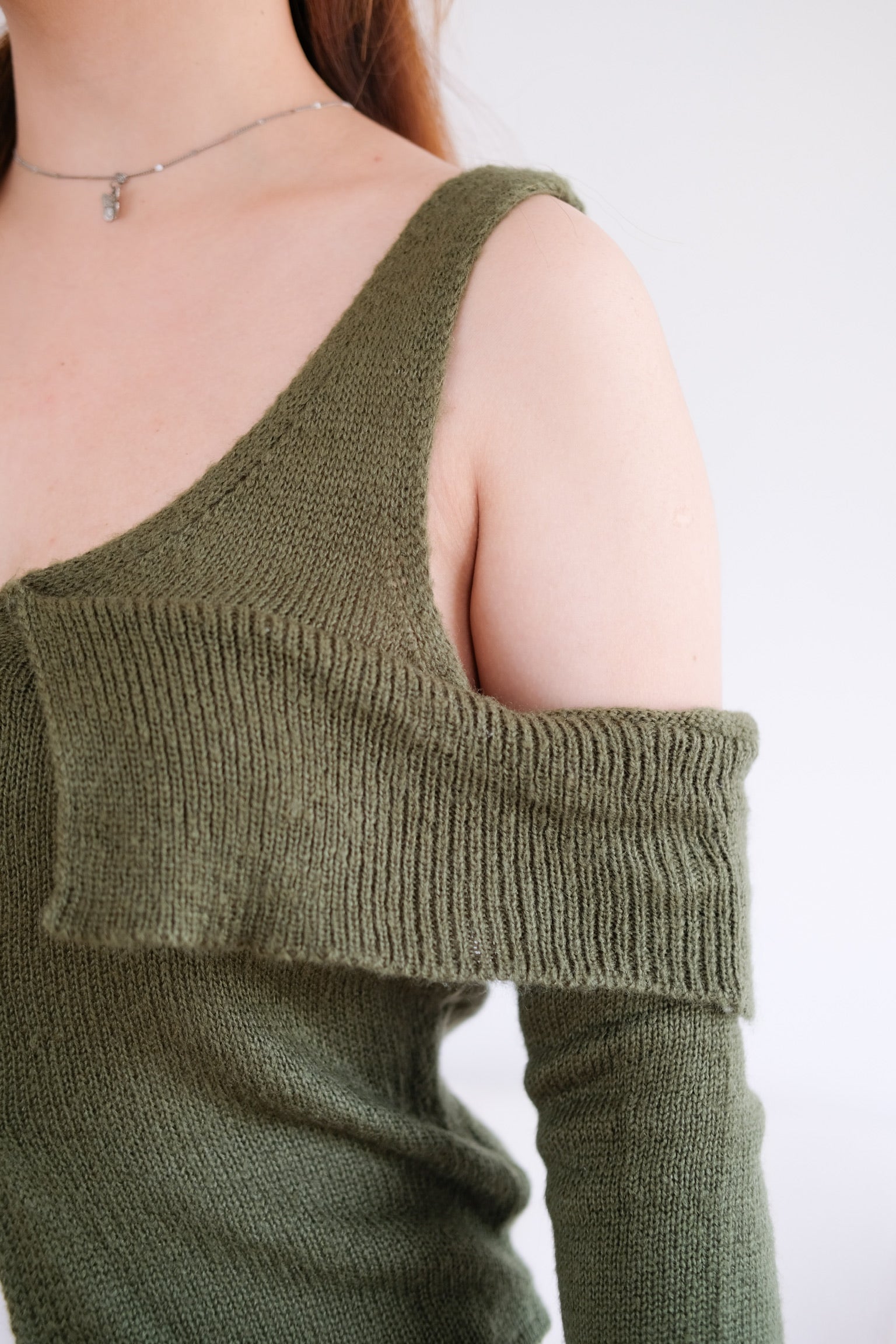 Green Knit Cold Shoulder Long Sleeves Top