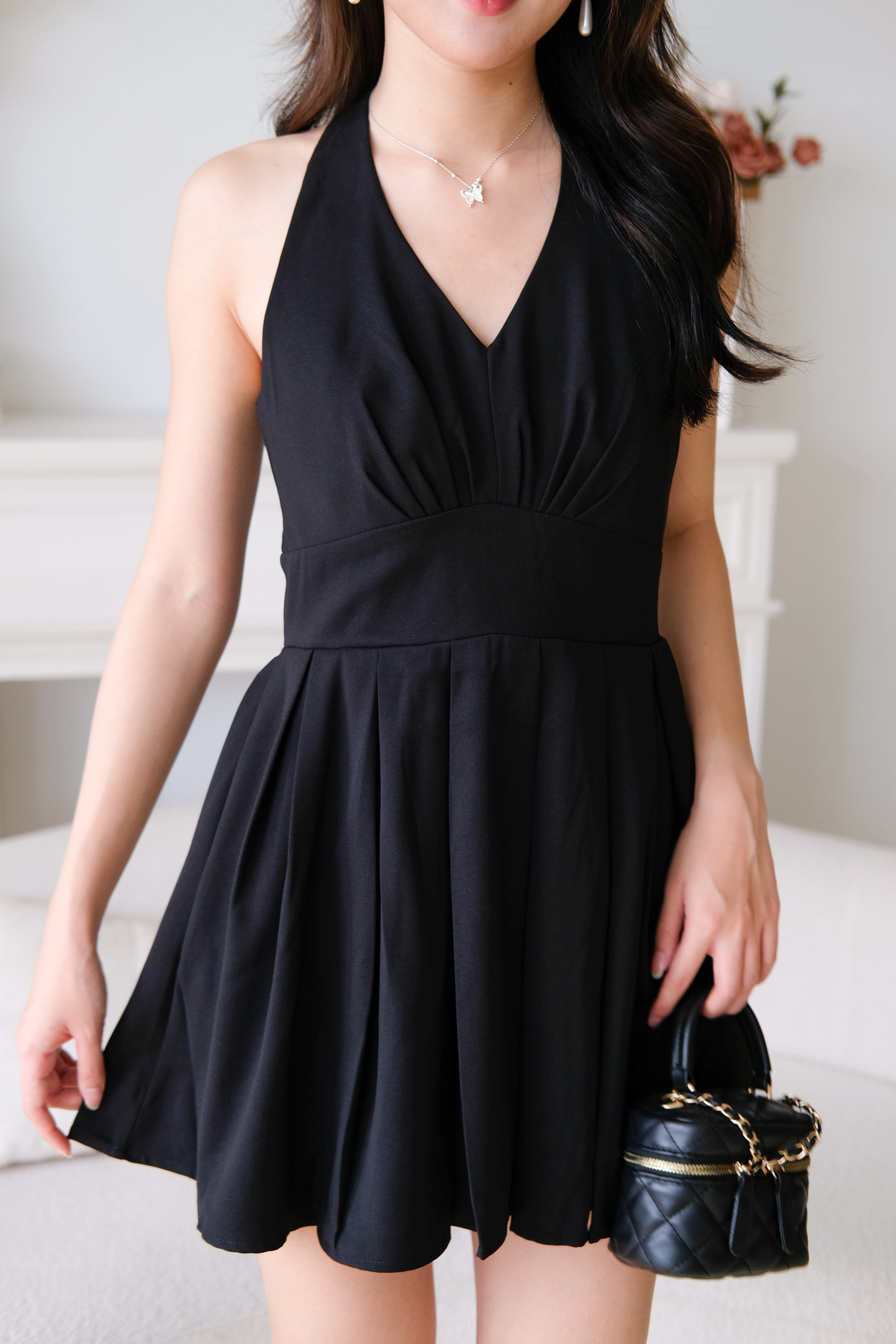 Moon Halter Pleat Dress (Black)