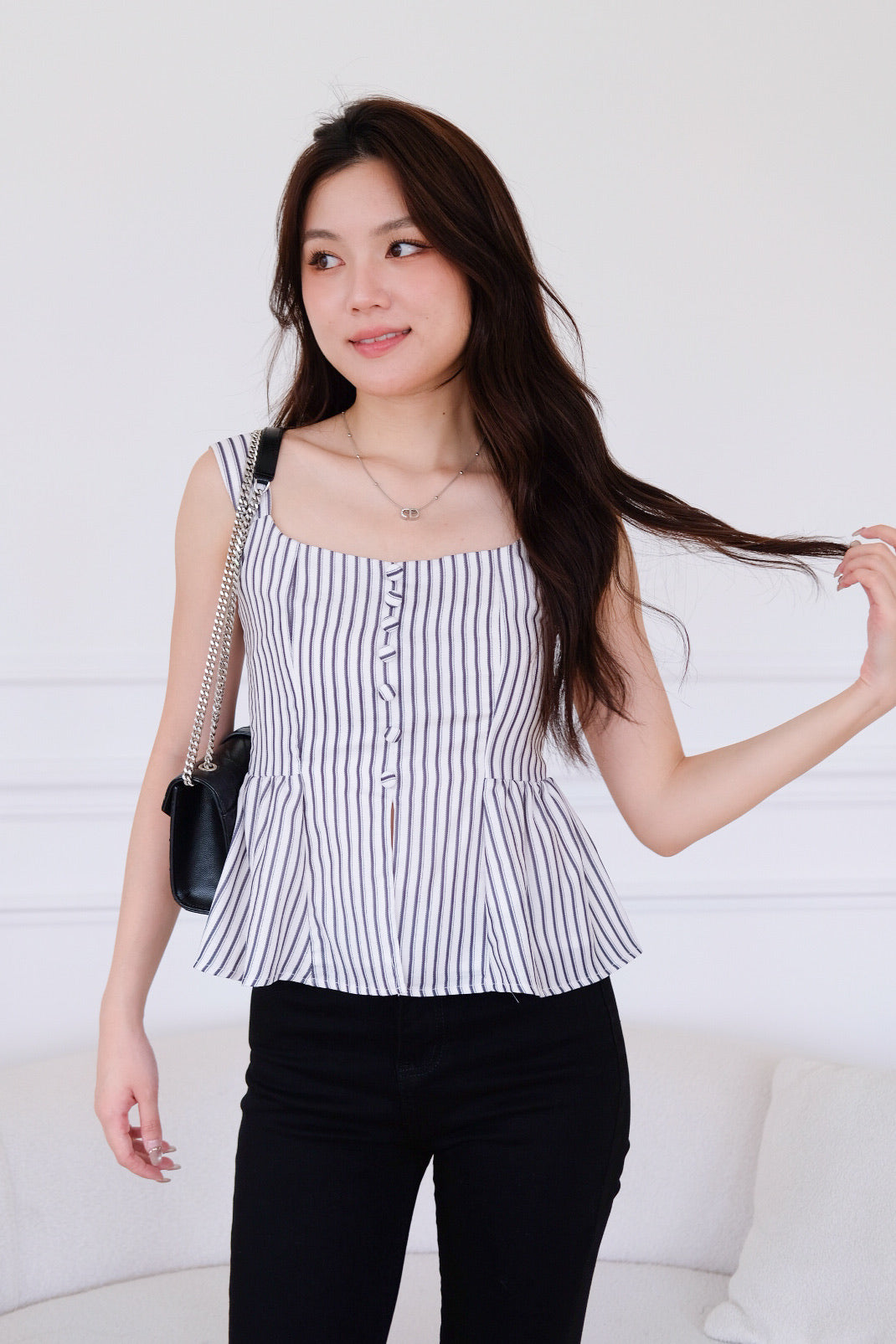 Naylie Peplum Front Slit Top (Blue Stripes)
