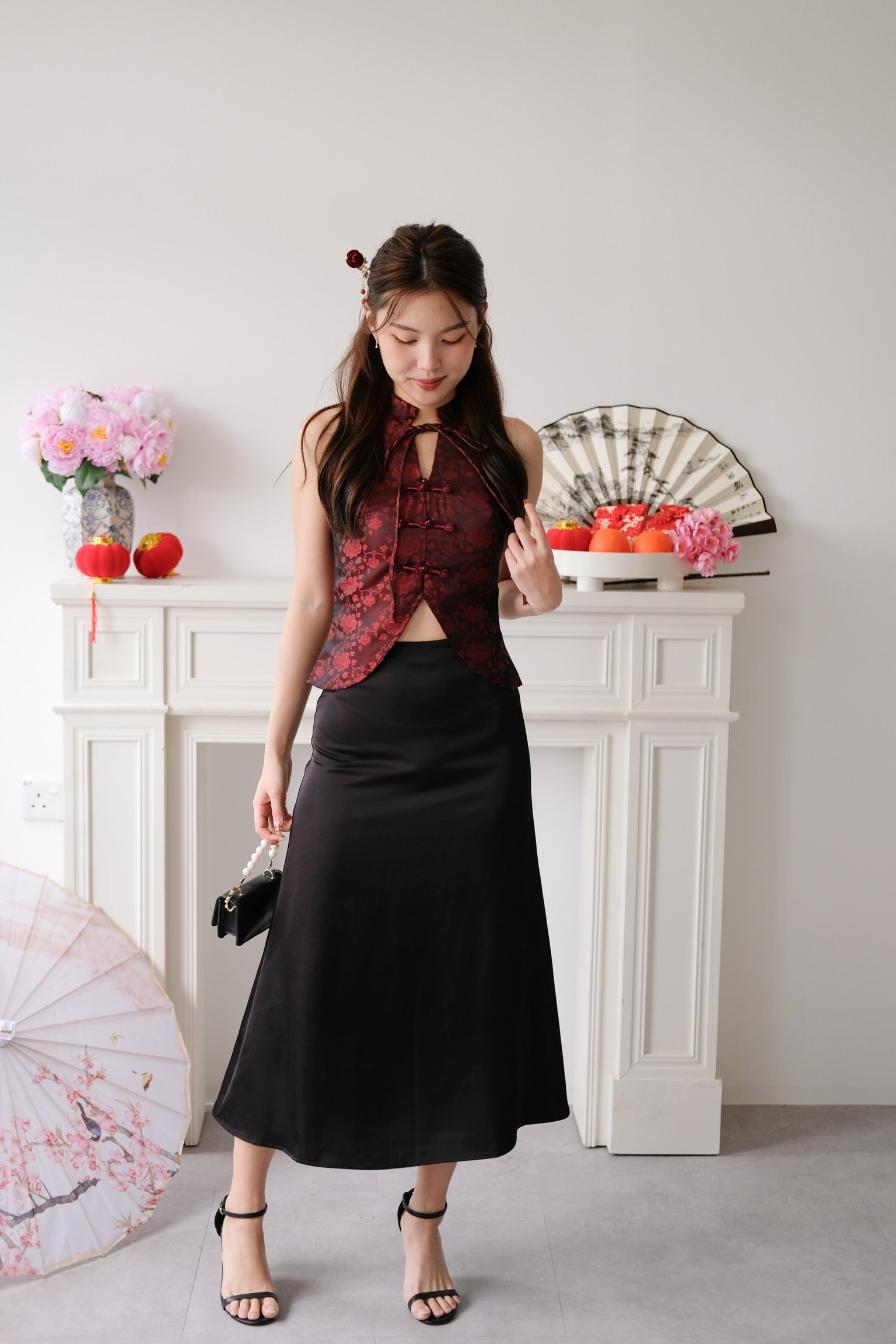 Ning Xia Ribbon Cheongsam Top (Wine)