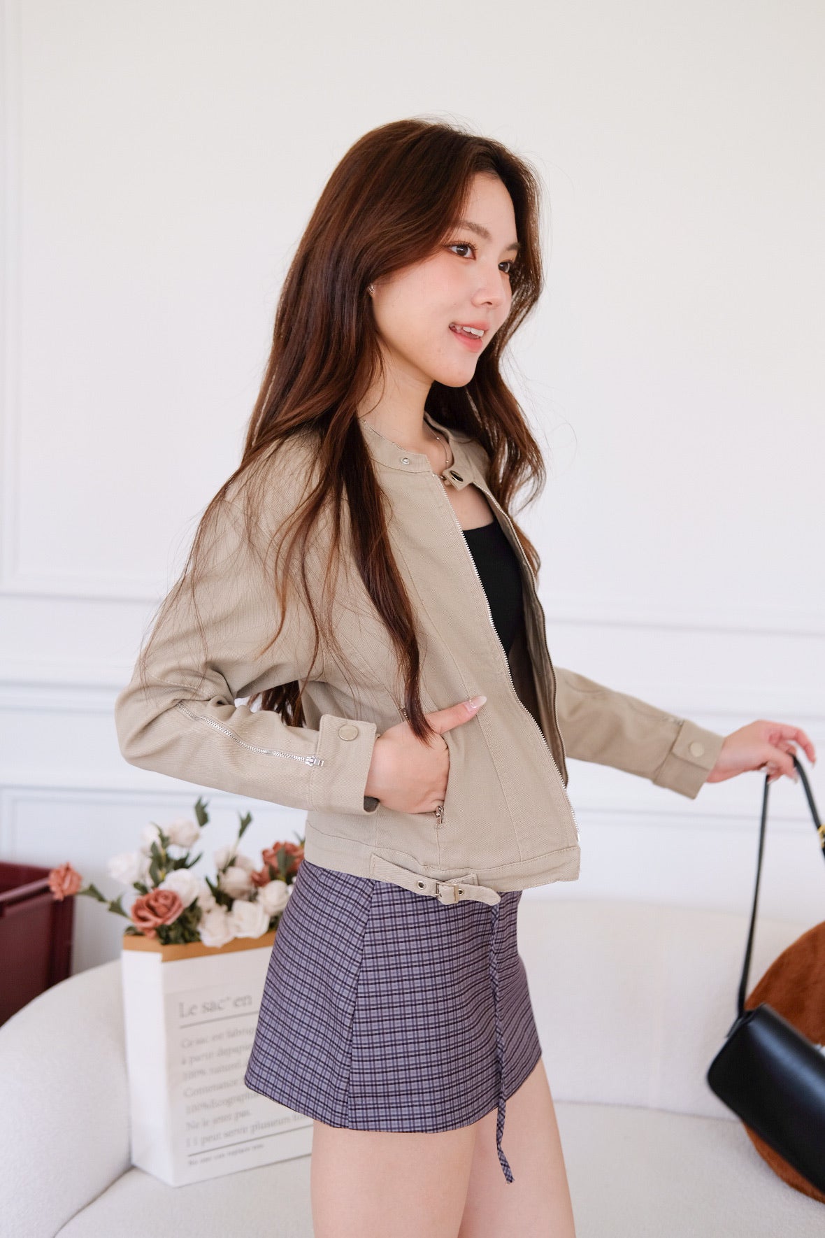 Maren Zip Cropped Denim Jacket (Taupe Grey)