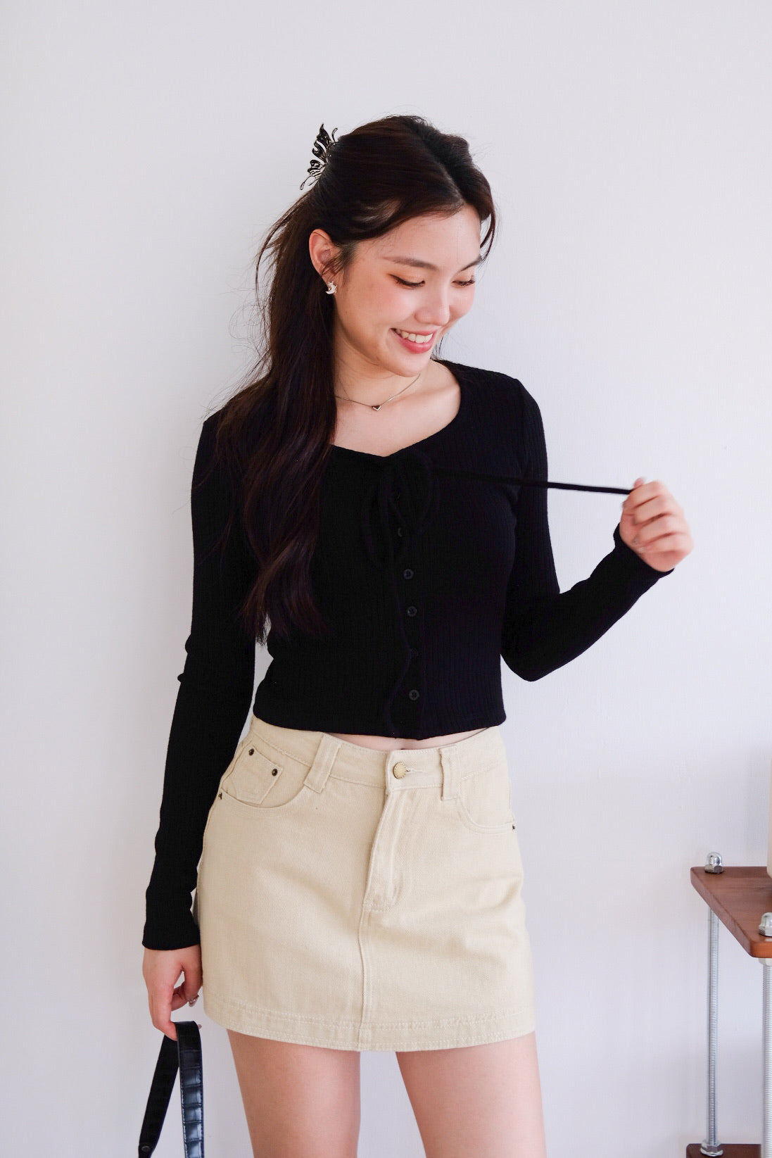 Coco Ribbon Long Sleeve Knit Top (Black)