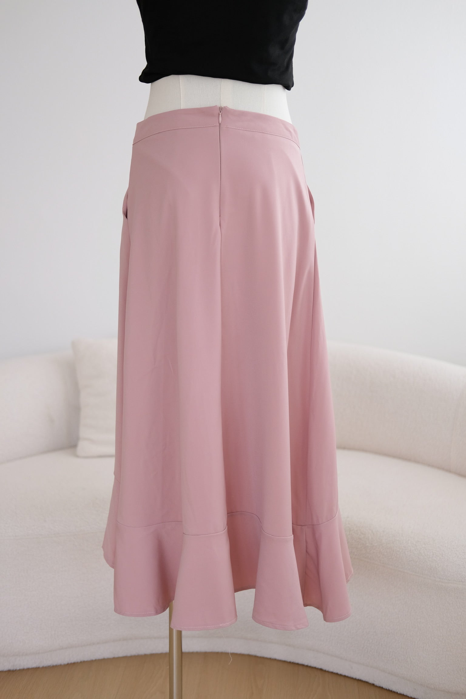 Pink Buttons Ruffle Midi Skirt