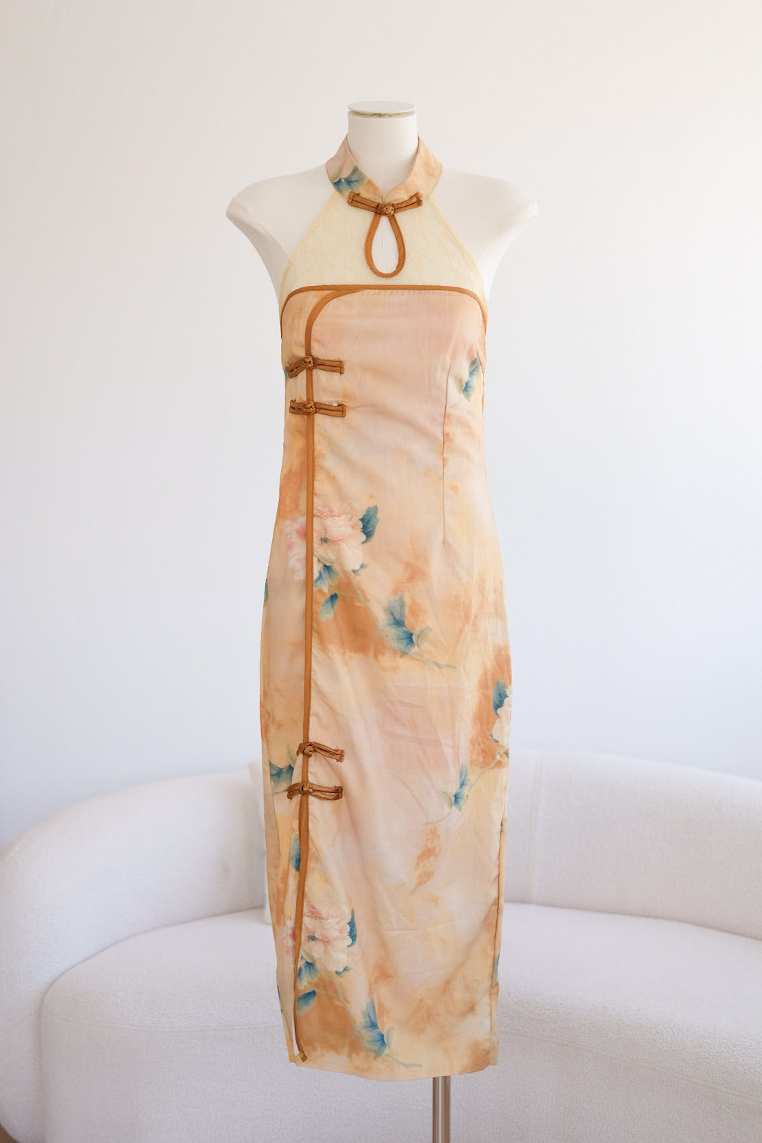 Orange Halter Mesh Cheongsam Dress