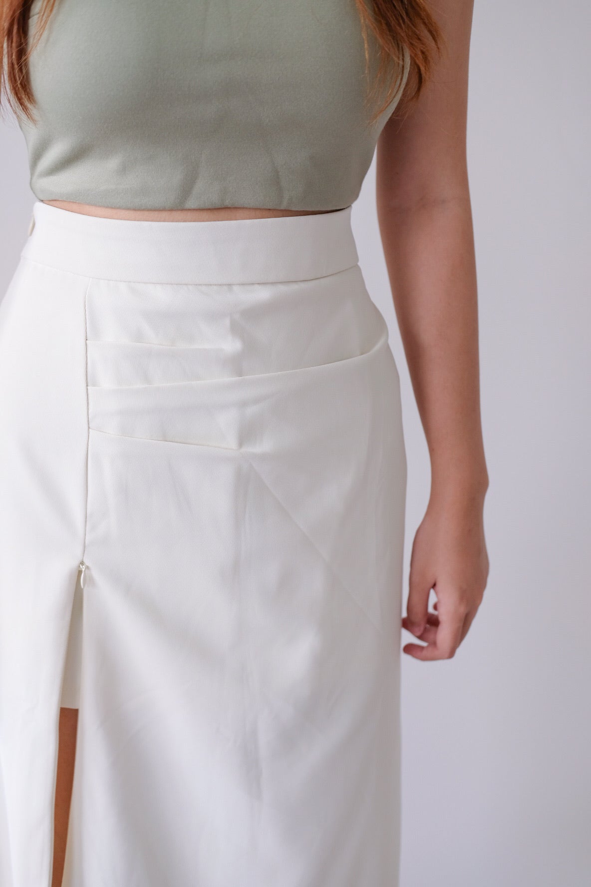 Cream Side Ruched Midi Skirt