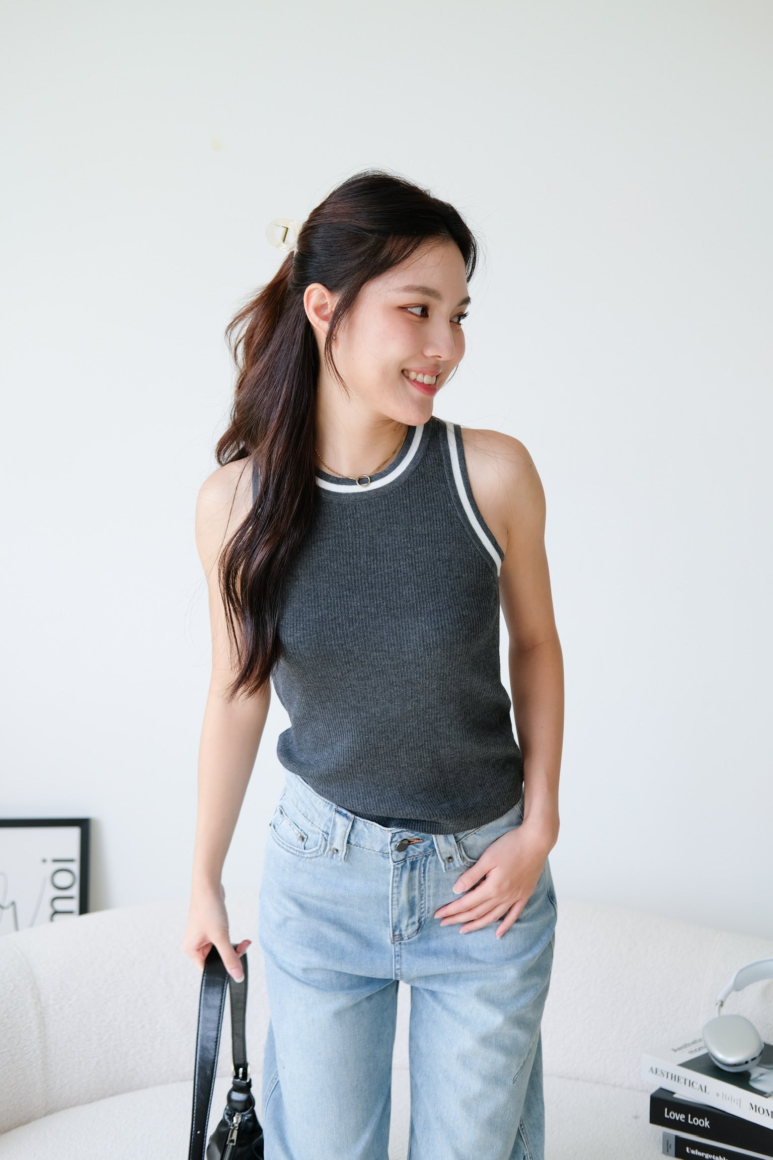 Kyara Contrast Knit Tank Top (Grey)