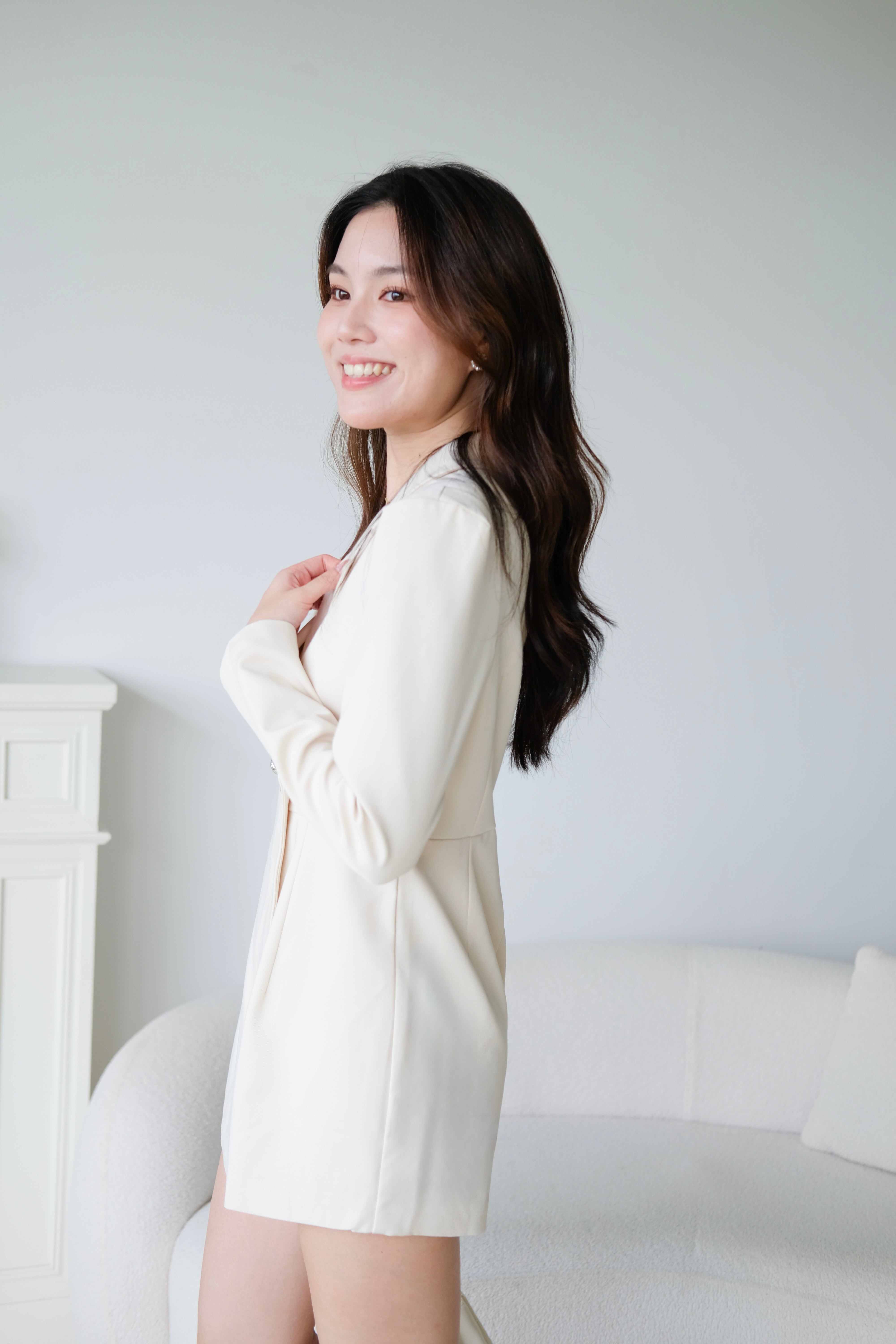Quinn Blazer Belted Romper (Beige)