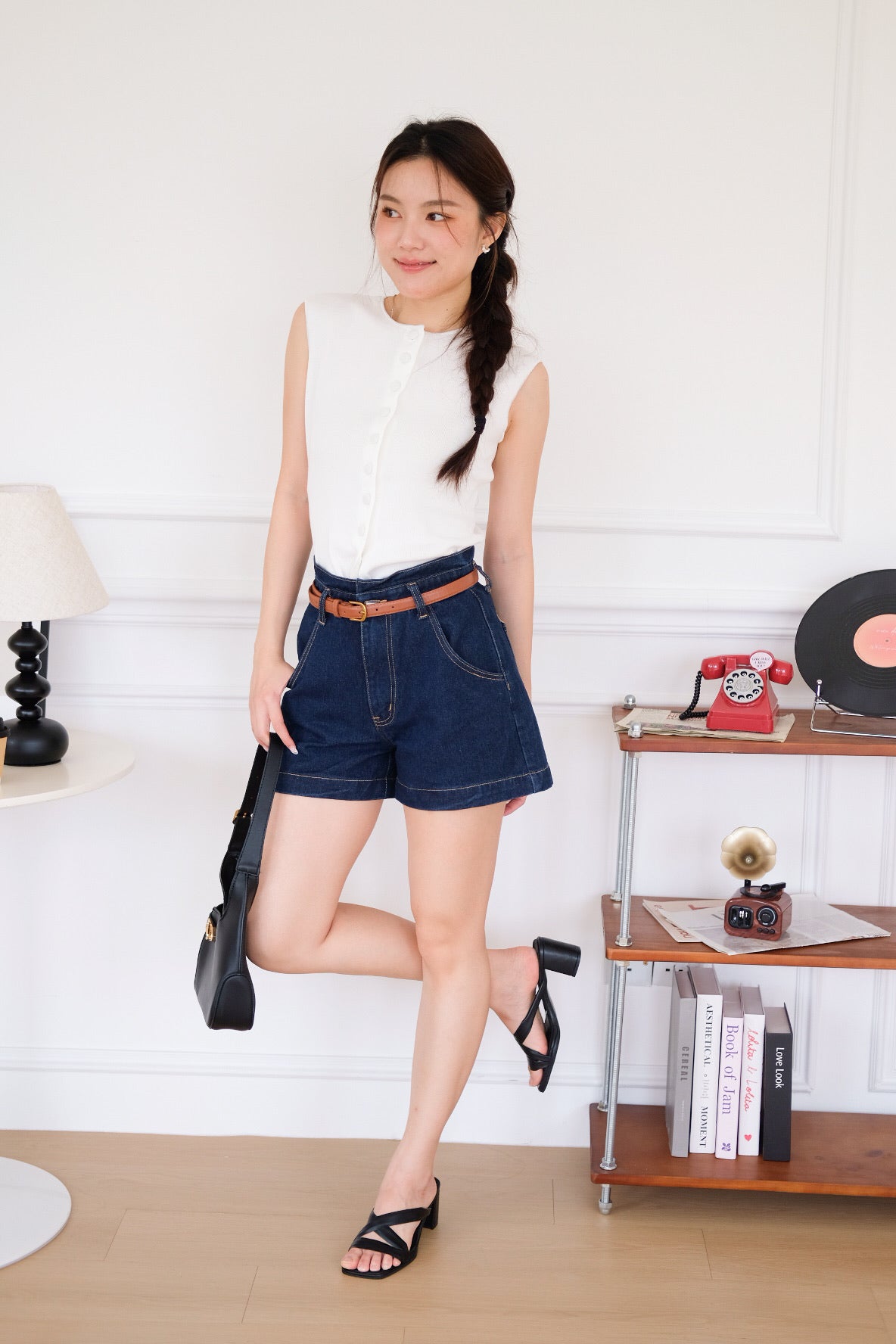 Hudson Belted High Waist Denim Shorts (Dark Blue)