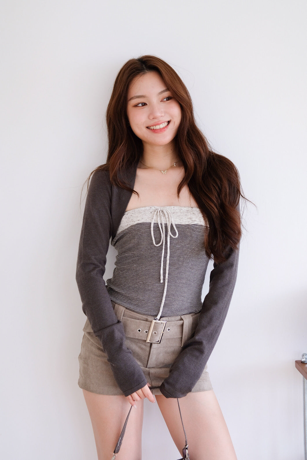 Caitlin Tube Stripes 2 in 1 Cardigan Set (Coffee Brown)